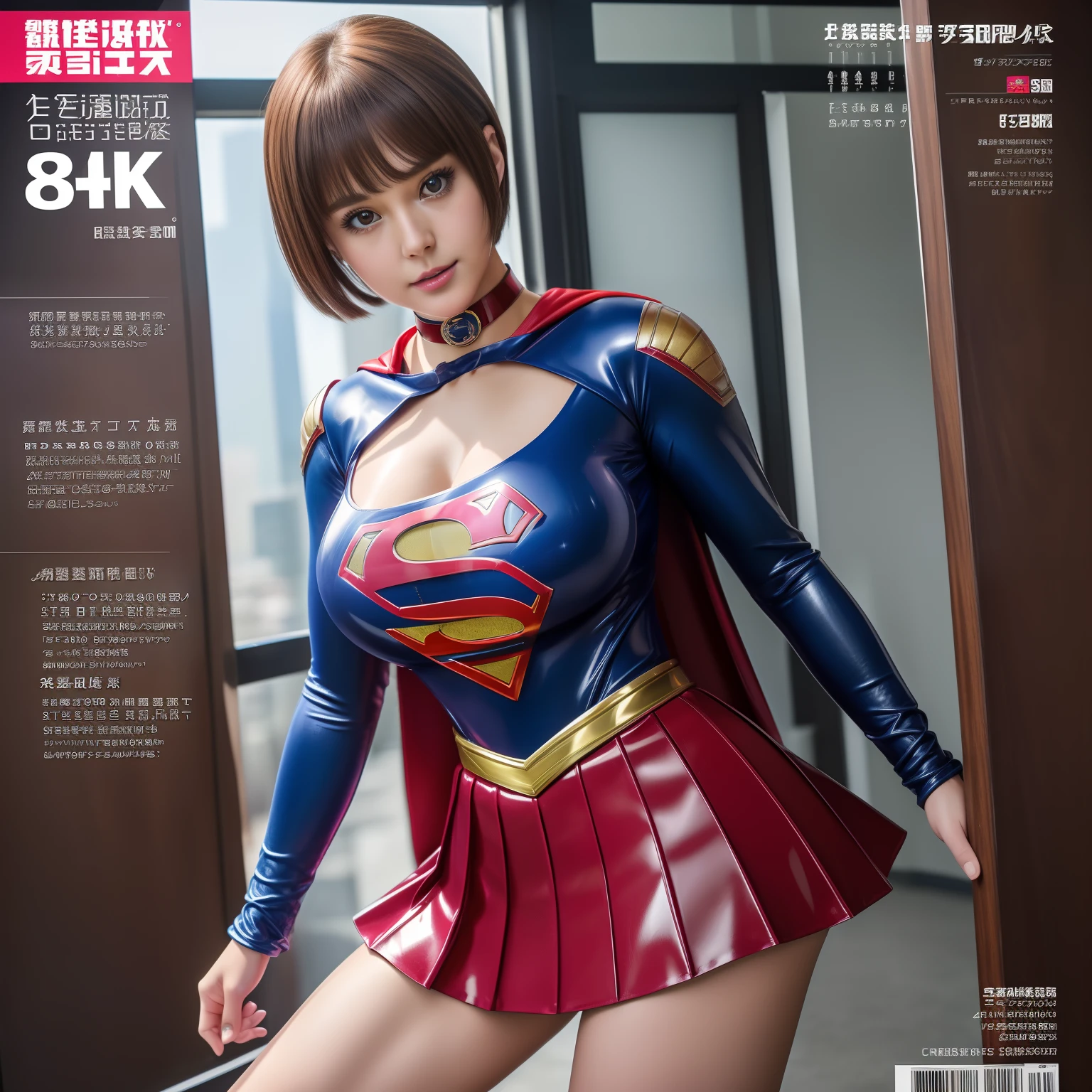 (Best Quality,4K,8K,hight resolution,masutepiece:1.2),Ultra-detailed,Realistic:1.37,Super masterpiece,Short-haired Supergirl、large full breasts、Looking at the camera、Glossy costume、a choker、Too short miniskirt、Magazine covers、