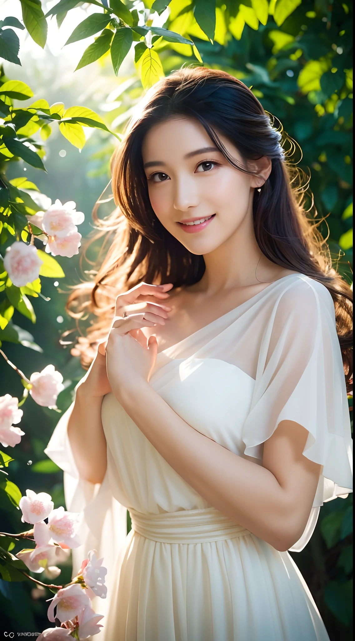 (Best quality,4K,A high resolution,Ultra-detailed,Realistic:1.37),Vivid colors,Sunlight,llight rays,bergamot,white blossoms,Beautiful girl,Exquisite features,Flowing hair,Serene expression,Garden setting,Elaborate dress,Soft sunlight,Gentle breeze,Cheerful ambiance,Backlit scene,a hint of smile,ethereal glowing,Fresh in the morning,Long shadows,harmony of nature,subtle reflections,Natural beauty,Twinkling dewdrops,Clear detail,serenity and calm,Sublime ingredients,Arrive at the branch,whispering leaves,Aromatherapy petals,with light glowing,Sparkling highlights,Subtle shadows,Soft focus,Sublime beauty,Whisper natural,Fantastical Atmosphere,Illuminated background.