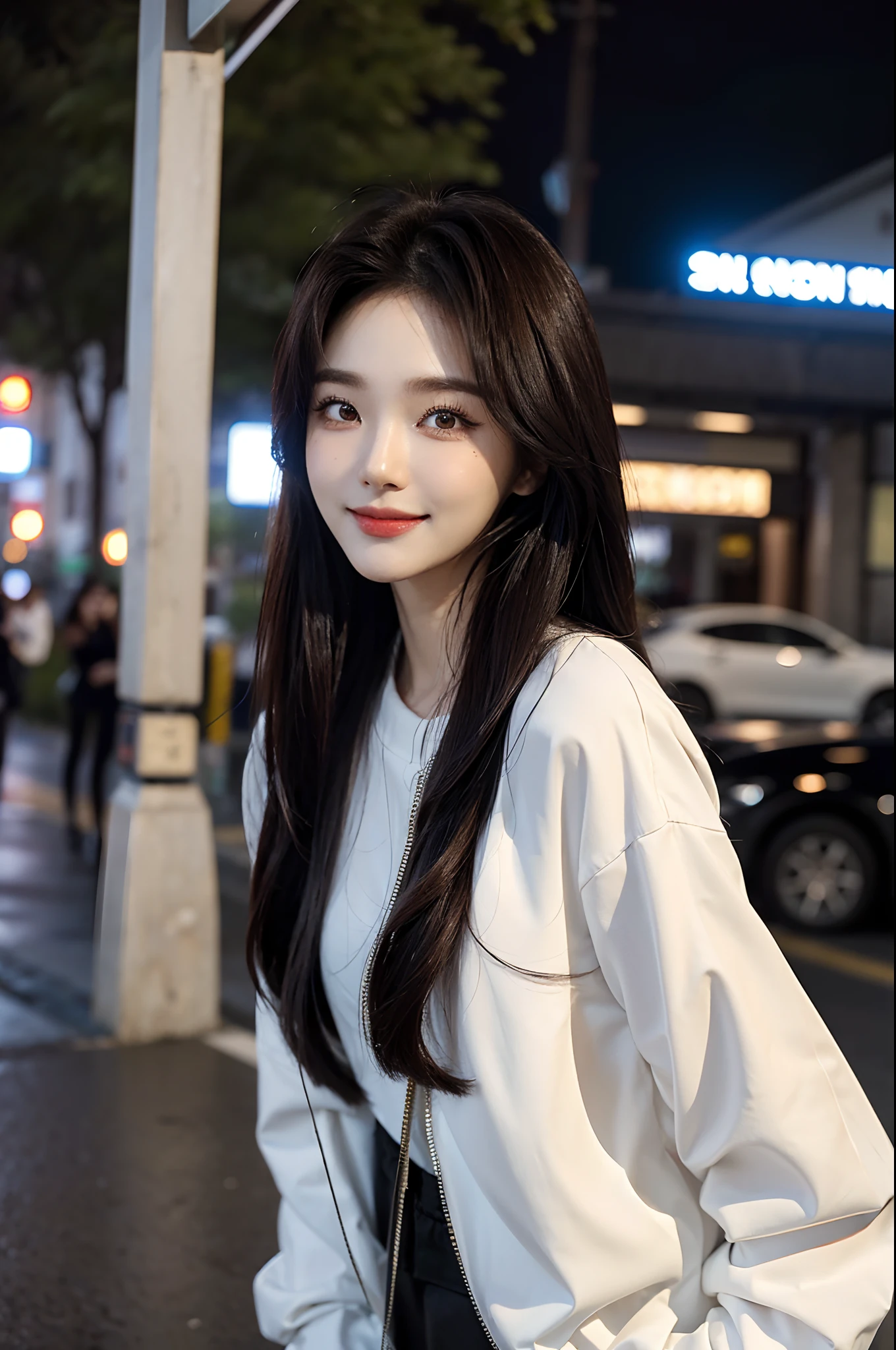 masterpiece、top-quality)、1 beutiful girl、Slim body、((Black and white plain clothes:1.1))、(Detailed beautiful eyes)、Walking together on the road at night、Face similar to Chaewon in Le Selefim、((Boyish Brown Medium Hair))、((Smaller face))、((Neutral face))、((Light brown eyes))、((Korean Girl))、((18year old))、((cool lady))、((A shy smile on his face))、((Korean Makeup))、((elongated and sharp eyes))、((Happy dating))、((boyish))、((She is walking in front of the viewer))、((Looking Up))、((shot from a side angle))