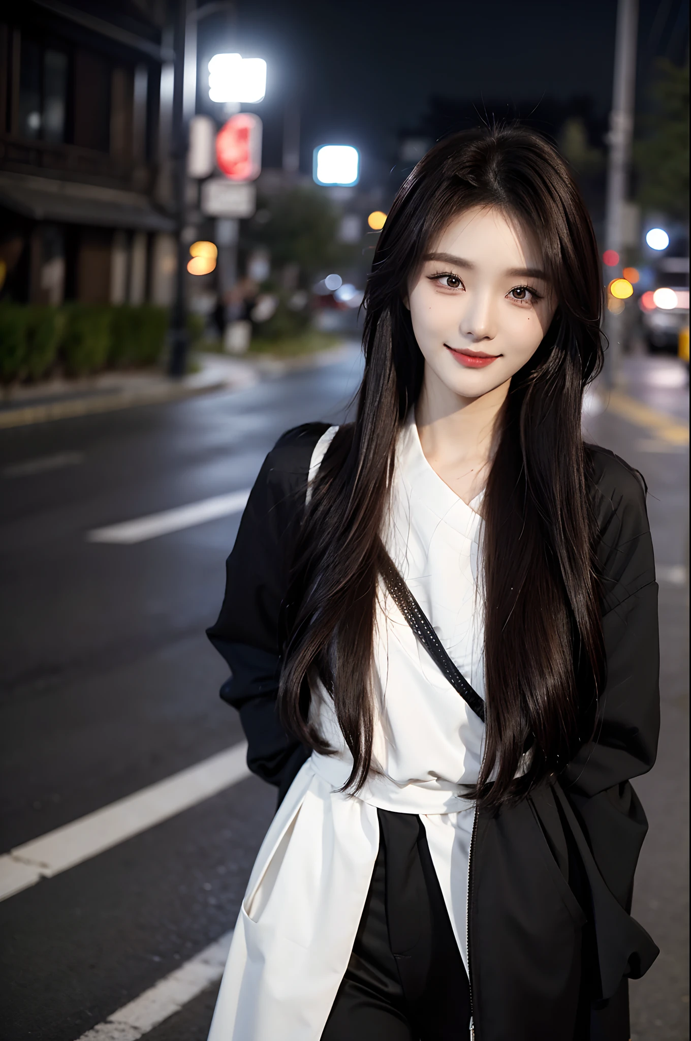 ​masterpiece、top-quality)、1 beutiful girl、Slim body、((Black and white plain clothes:1.1))、(Detailed beautiful eyes)、Walking together on the road at night、Face similar to Chaewon in Le Selefim、((Boyish Brown Medium Hair))、((Smaller face))、((Neutral face))、((Light brown eyes))、((Korean Girl))、((18year old))、((cool lady))、((A shy smile on his face))、((Korean Makeup))、((elongated and sharp eyes))、((Happy dating))、((boyish))、((She is walking in front of the viewer))、((Looking Up))、((shot from a side angle))