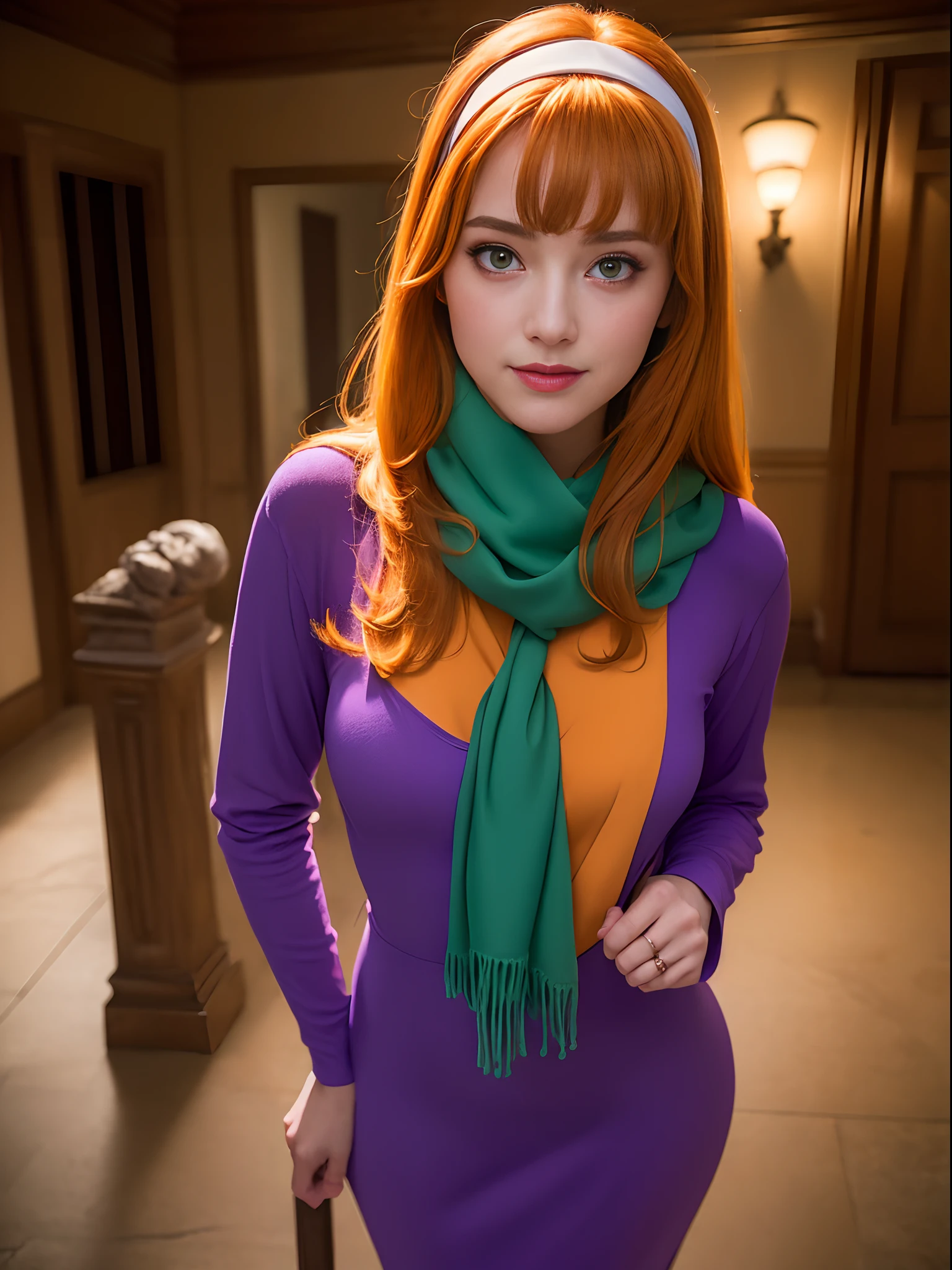 (masterpiece, best quality:1.4), (standing:1.5), (sexy pose:1.4), (on a horror house with ghosts), daphneblake, (green) scarf, orange hair, purple dress, hairband, long sleeves,  (european youth  woman:1), looking at viewer, beautifull smile, beautiful face, highly detailed face, highly detailed eyes, subsurface scattering, realistic pupils, full face blush, full lips, detailed background, depth of field, volumetric lighting, sharp focus, absurdres, realistic proportions, (realistic, hyperrealistic:1.4), 16k hdr