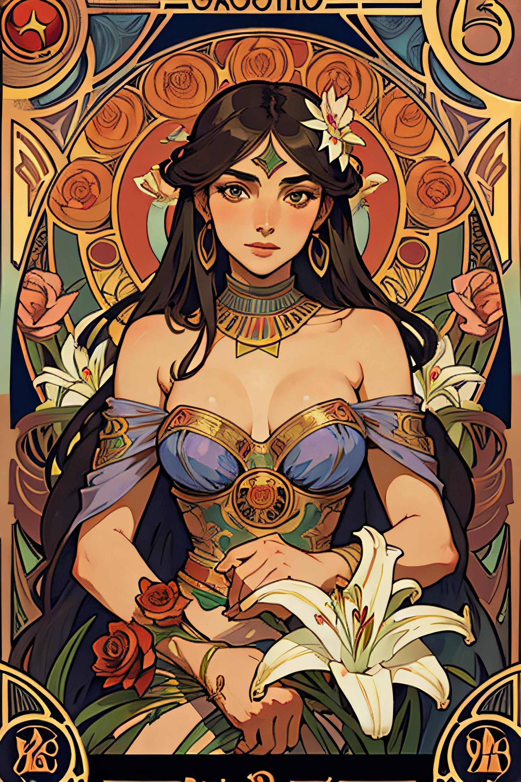 red rose, Tarot cards, Egypt, art, Alphonse Mucha, lily, lily flower