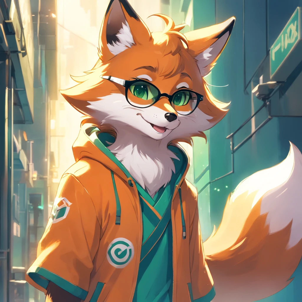 Adorable fox in Pixar movie style, usando um capuz, cinematic lighthing, Depth detection, hiper detalhada, qualidade 8k.  depth of fields，perfect lighting，light particles，（best quality），（tmasterpiece），（Ultra - Detailed），sharp focus，light particles，Niji，fox，male，god eyes，green_eye，Looking_in_viewer，smile，so little，furry， bicho_orelha_fluff，open sky_Attire，Crossed waist with one hand，upper body，tail，short-sleeved shirt，eyeglasses，sunbeams，soft smile，from below，holding coffee(Fox, furry, anthropomorphic), Male, Best quality, human-like body figure), looking at viewer with orange hoodie and sunglasses holding cell phone, fox, avatar image, with futuristic outfit, CGSetnation ),like, professional art, CGsociety - W 1 0 2 4 - N 8 - I,The name is Kan, your name is Kan
