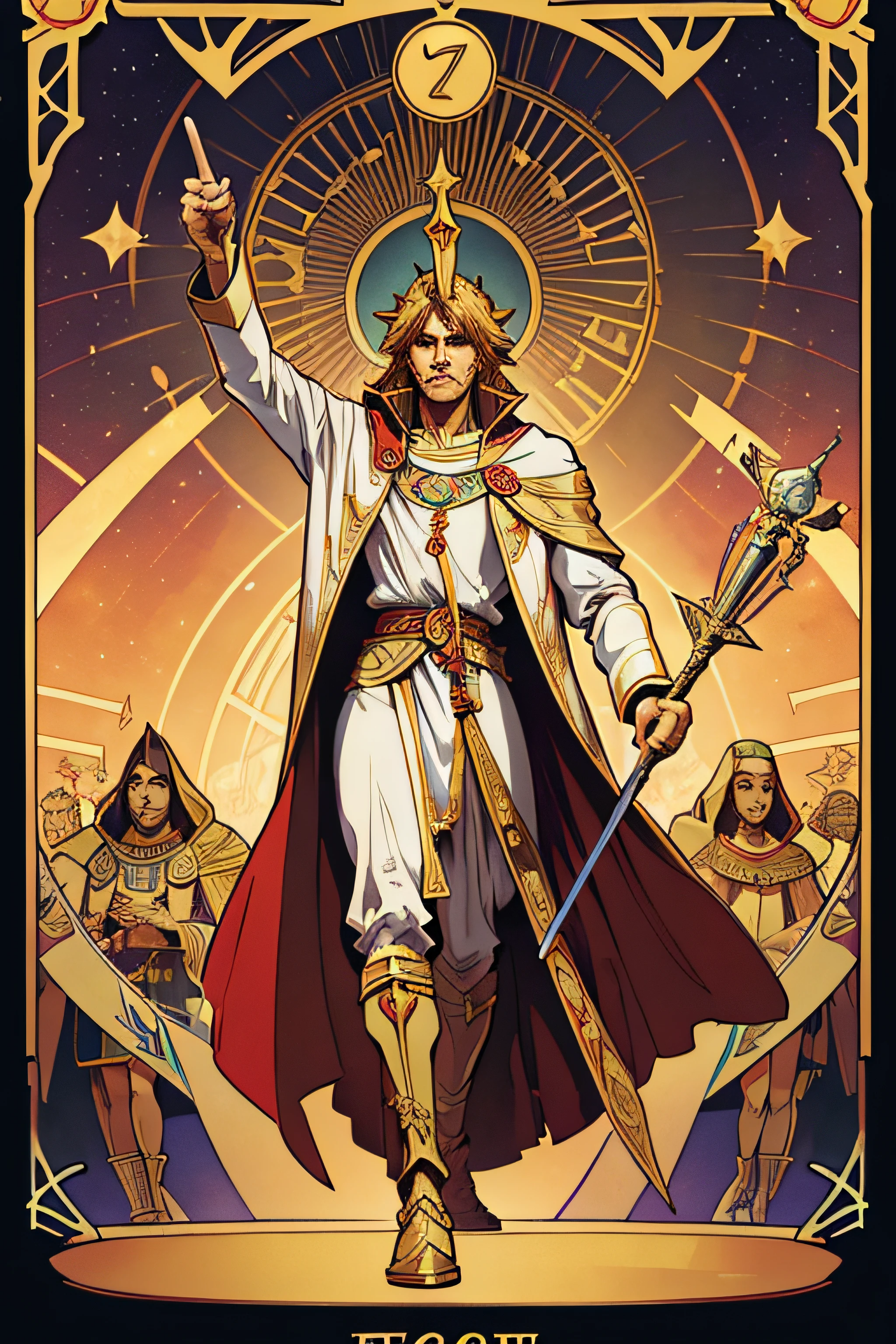 Tarot cards, The Magician, man, Egypt, art, Alphonse Mucha, The right hand holds the scepter raised above his head., Left hand pointing to the ground., Full-body stand, There is a gold cup., Gold Medal Scepter, The sword rests on the table., White inner dress, Red coat, Yellow sky