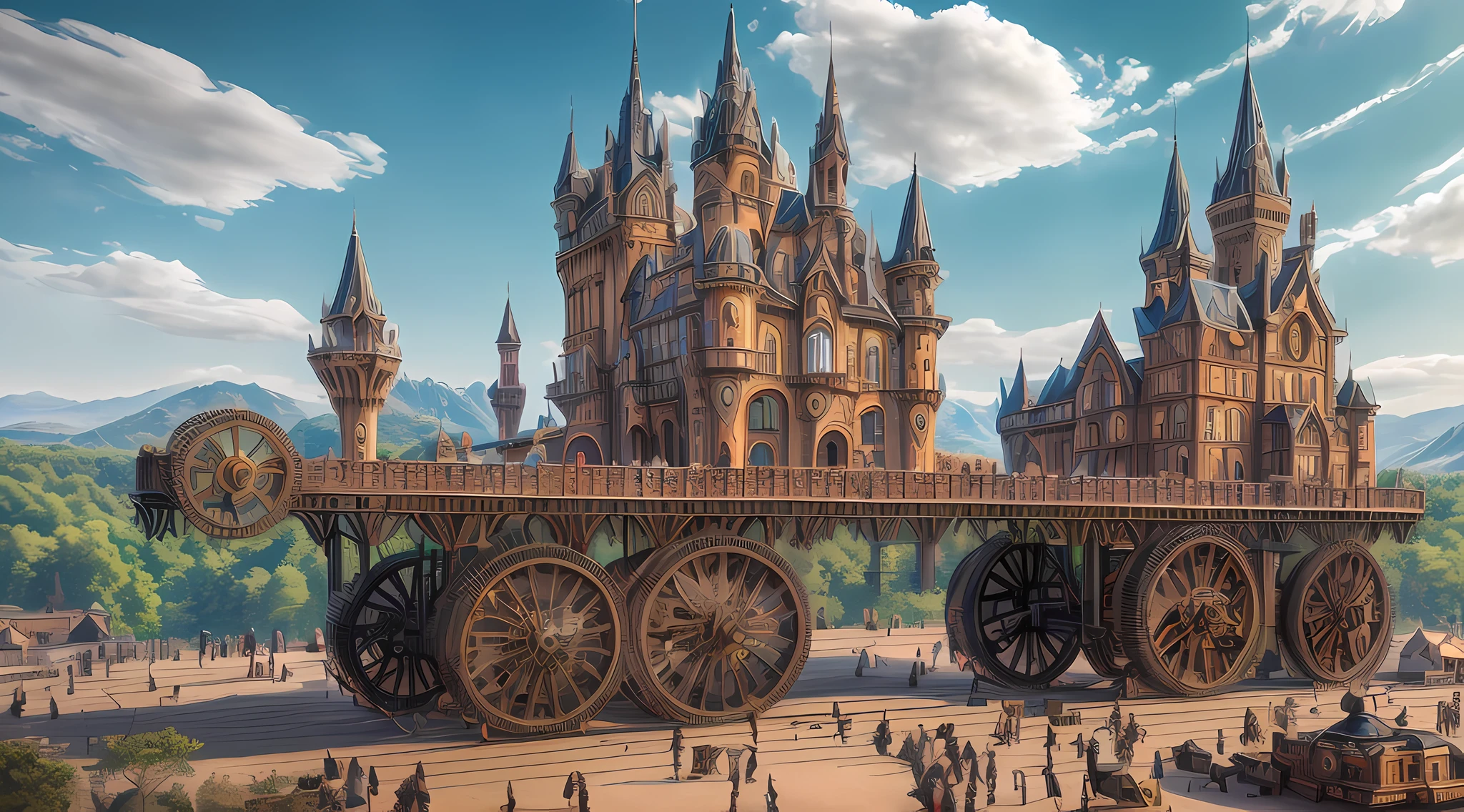 a long shot picture of a steampunk castle moving on (wheeled motorized platform:1.3) rolling hills, s steampunk castle with (turrets: 1.1), (towers:1.1), (bridges:1.2), (barbican:1.1), canons on the walls, a blimp flying by, green rolling hills background, wheeled platform, (castle on the platform:1.3) huge epic platform with many wheels carrying the castle, Photorealistic, 16k, RAW, award winning, [ultra detailed], masterpiece, best quality, (ultra detailed), full body, ultra wide shot,