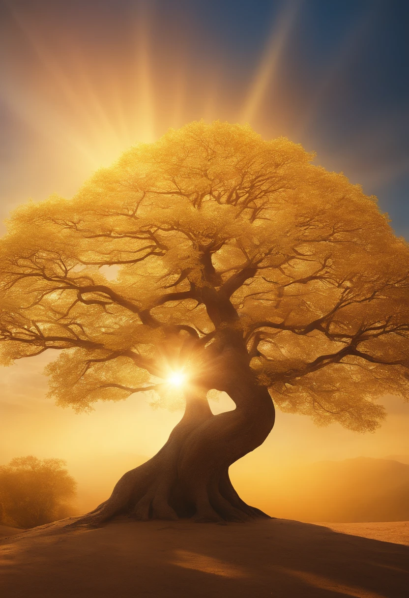Bodhi tree, symbol of Buddhism, modedas de ouro, iridescent in rainbow colors, with a golden aura around him with a very bright divine light descending from the sky,  High Definition Image, detalhamento alto e estilo fotorrealismo. Imagem com pelo menos 300 dpi, UHD 8k