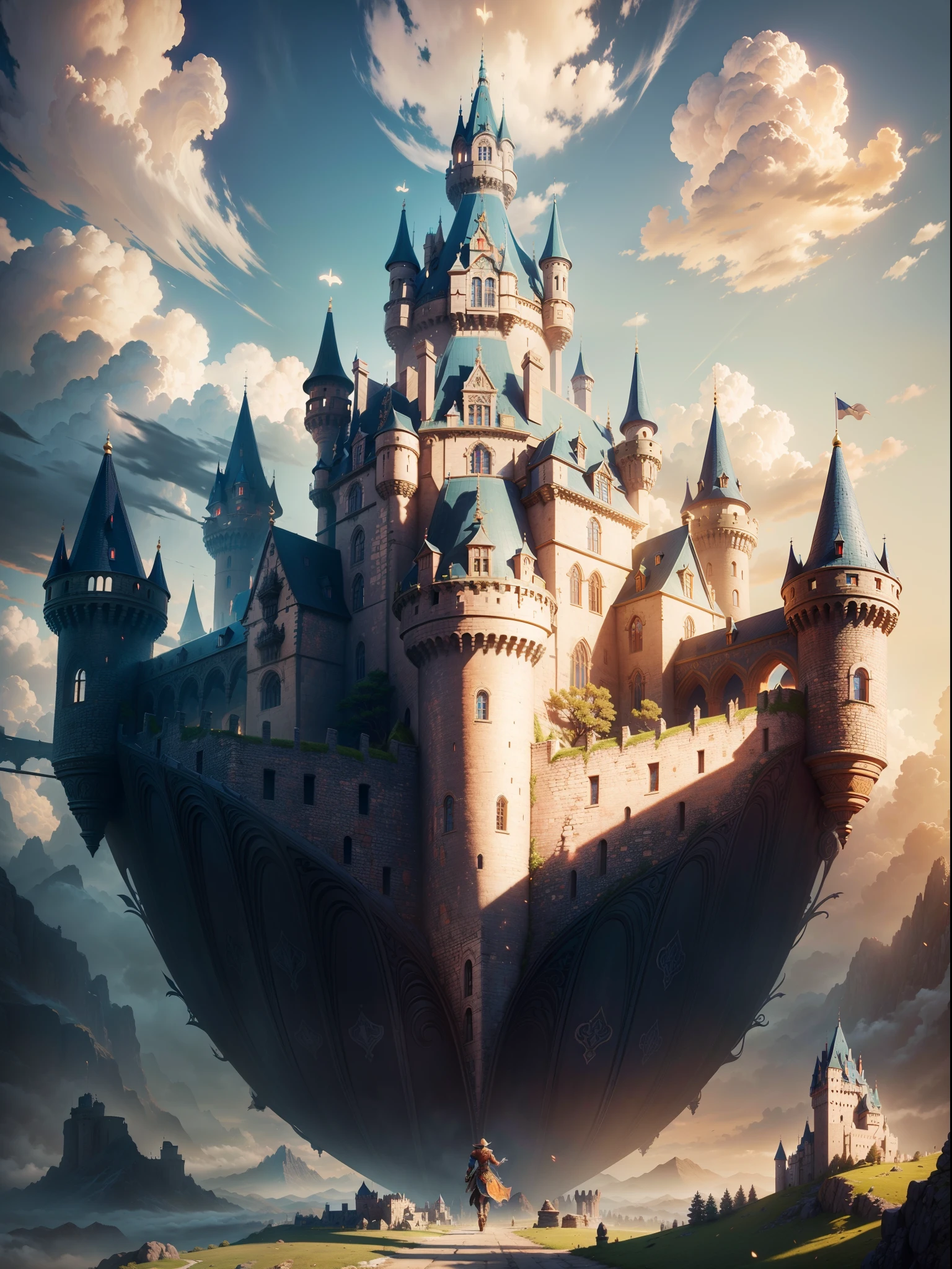 (masterpiece, vibrant, creative, bes quality), a huge castle on a giant eagle, walking across the land, fantasy art, intricate and highly detailed, cloud, (ray tracing, global illumination)