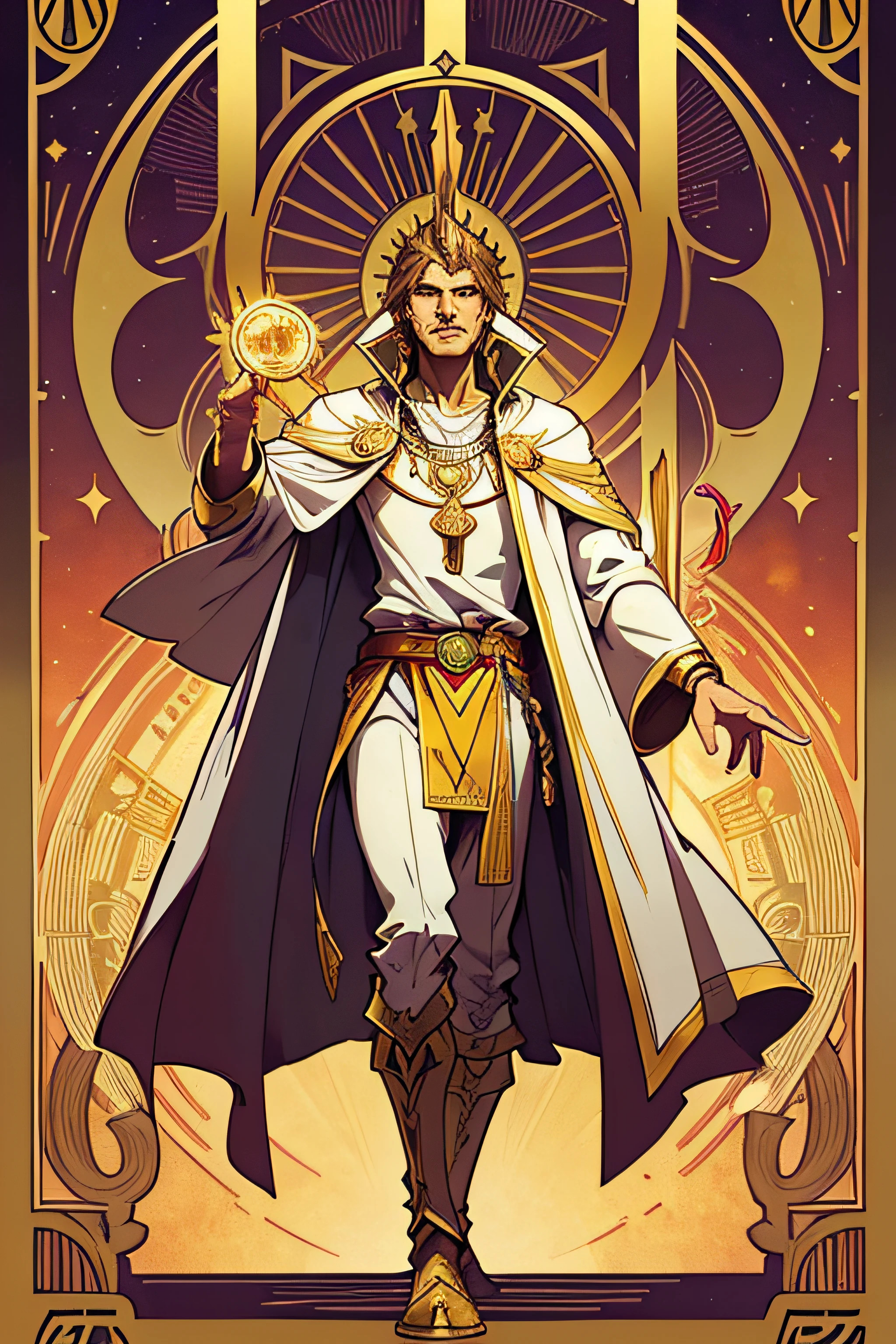 Tarot cards, The Magician, man, Egypt, art, Alphonse Mucha, The right hand holds the scepter raised above his head., Left hand pointing to the ground., Full-body stand, There is a gold cup., Gold Medal Scepter, The sword rests on the table., White inner dress, Red coat, Yellow sky