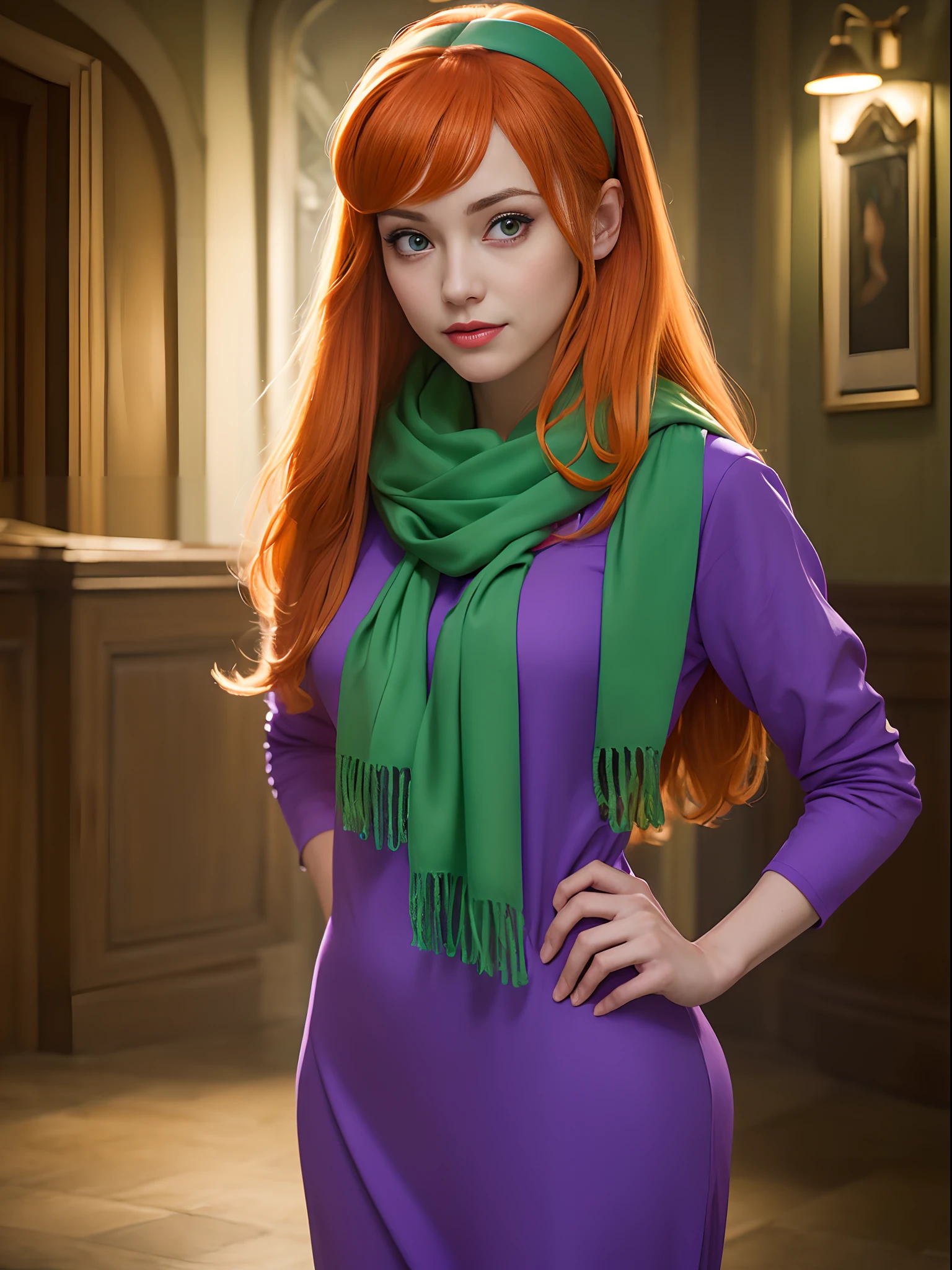 (masterpiece, best quality:1.4), (standing:1.5), (dynamic pose:1.4), (on a horror house with ghosts), daphneblake, (green) scarf, orange hair, purple dress, hairband, long sleeves,  (european youth  woman:1), looking at viewer, beautifull smile, beautiful face, highly detailed face, highly detailed eyes, subsurface scattering, realistic pupils, full face blush, full lips, detailed background, depth of field, volumetric lighting, sharp focus, absurdres, realistic proportions, (realistic, hyperrealistic:1.4), 16k hdr