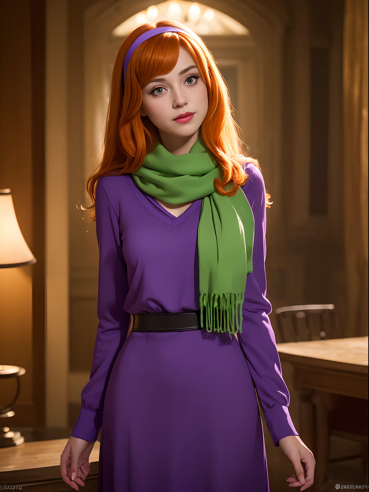 (masterpiece, best quality:1.4), (standing:1.5), (dynamic pose:1.4), (on a horror house with ghosts), daphneblake, (green) scarf, orange hair, purple dress, hairband, long sleeves,  (european youth  woman:1), looking at viewer, beautifull smile, beautiful face, highly detailed face, highly detailed eyes, subsurface scattering, realistic pupils, full face blush, full lips, detailed background, depth of field, volumetric lighting, sharp focus, absurdres, realistic proportions, (realistic, hyperrealistic:1.4), 16k hdr