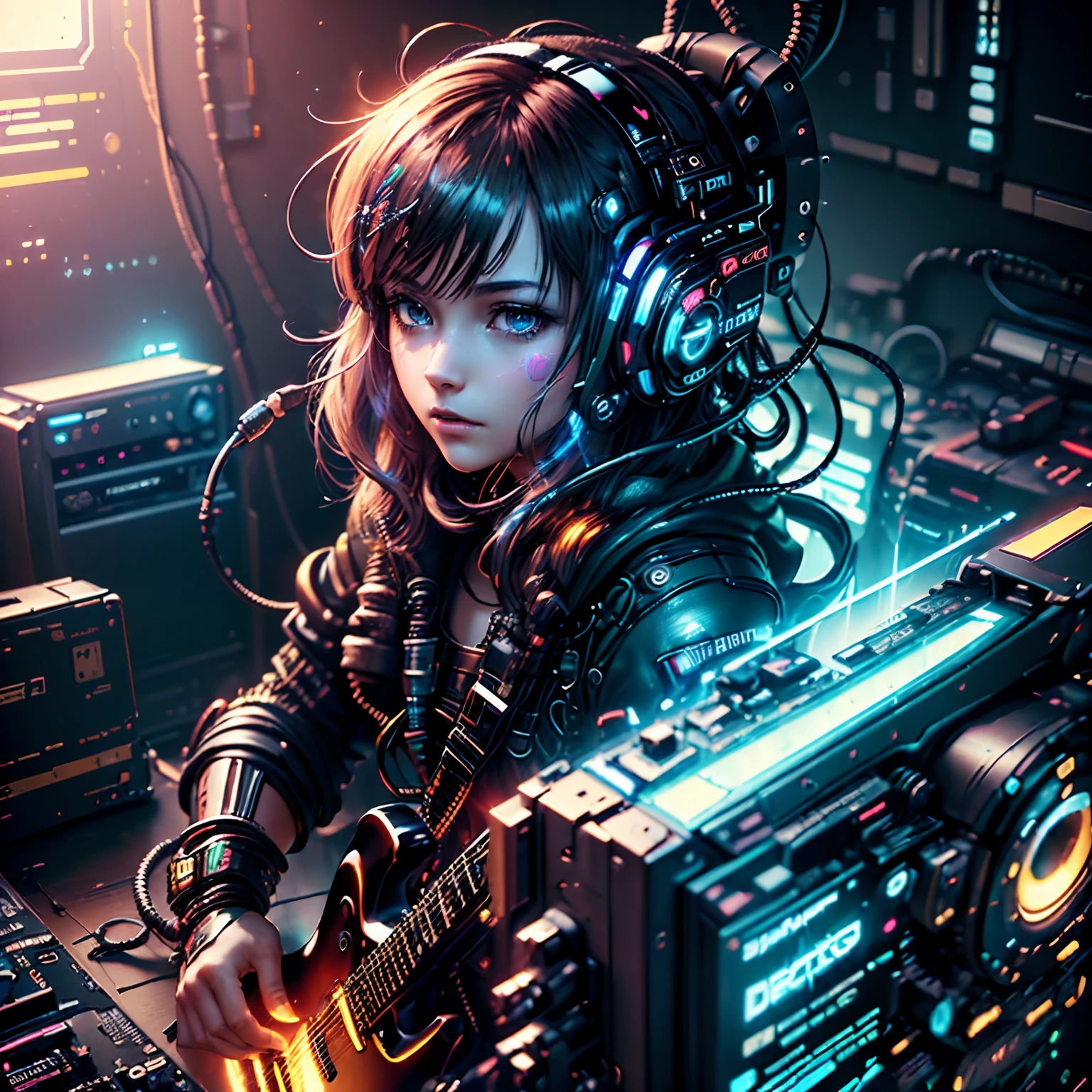 (((High quality))), (((masutepiece))), (((highly detailed back ground))),((( 4K))), (((Realistic))), (((High Definition))) CG Illustration, (((Anime-style CG expression))) , Lens Flare, 1 girl, guitarrist, Black Stratocaster, Wearing a black cybersuit, shiny blue eyes, short-hair, Cyber Headgear, Many computers, ((A lot of cables are connected to the vessels)), Open reels to reels, (((Cyberpunk))), (((Decadent)))