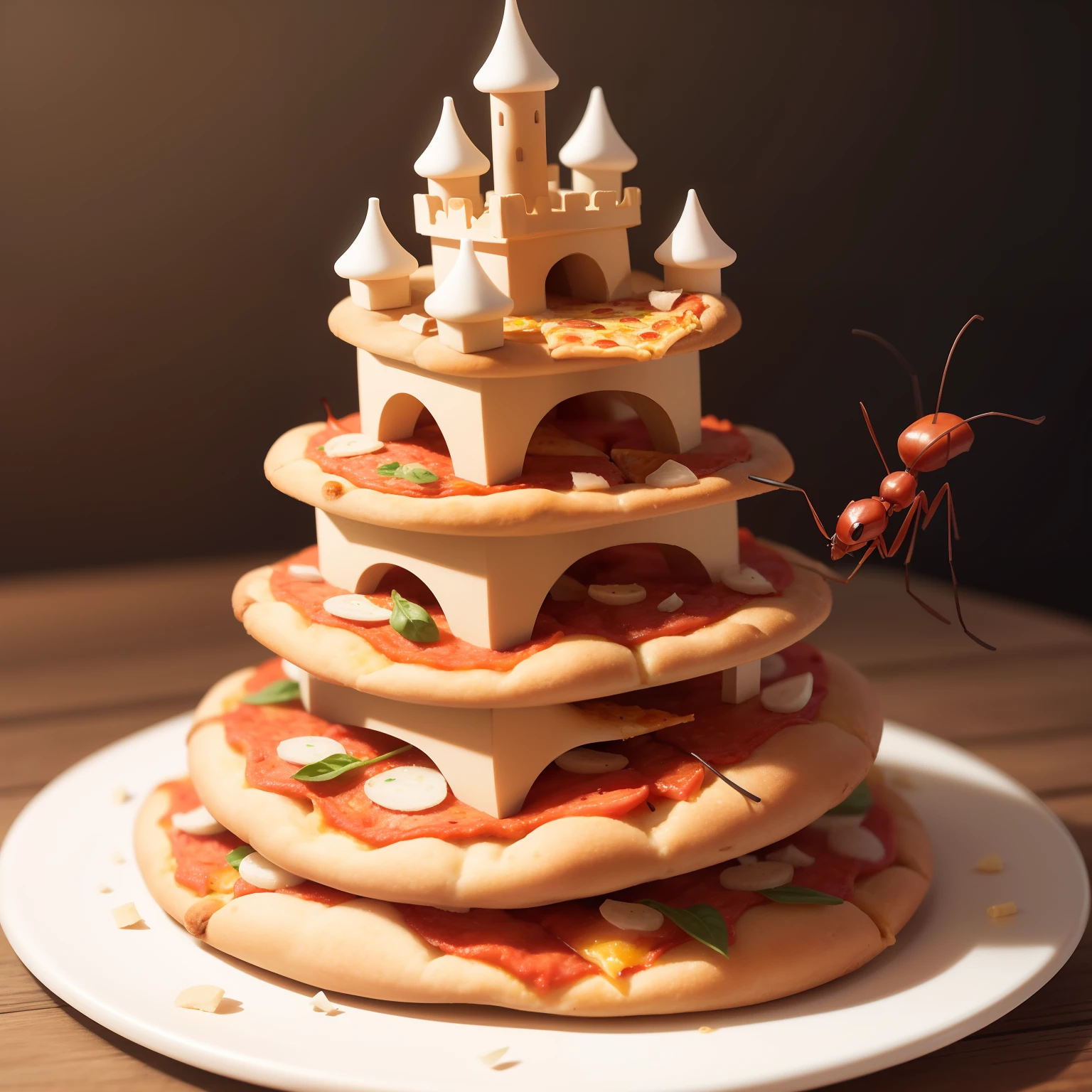 an ant carrying a tiny pizza castle