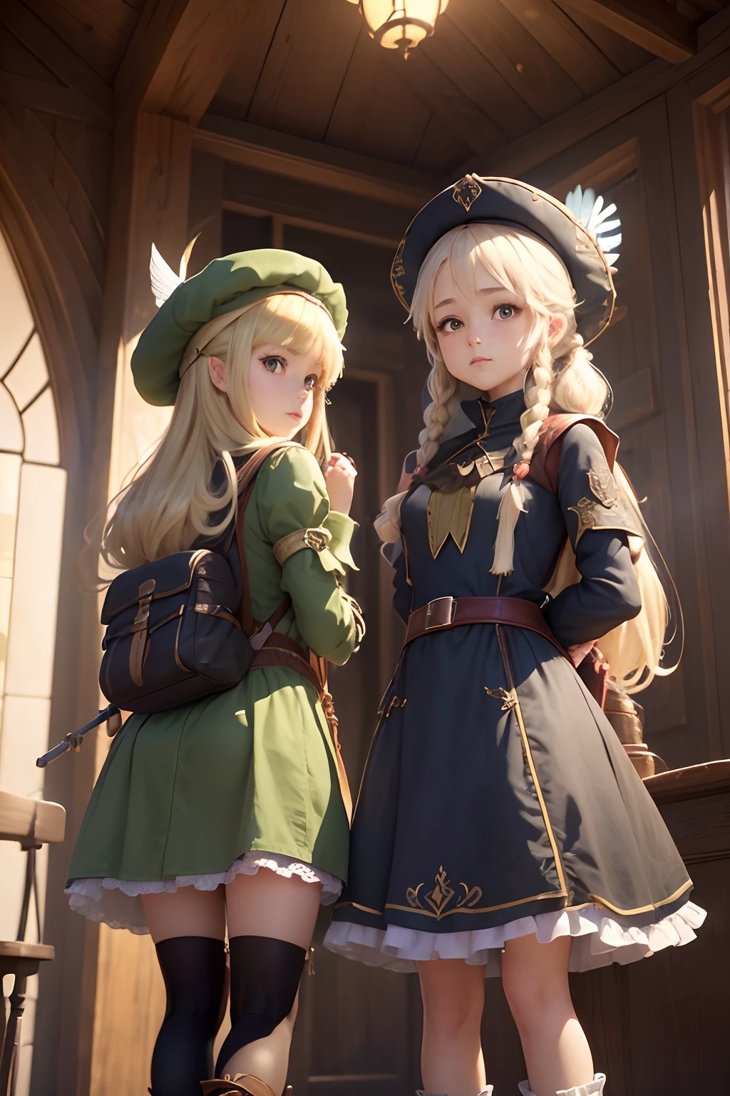 (2girls),( absurdly , High quality , ultra-detailliert ),(Summer in the morning),(masutepiece),(In the Adventurer's Tavern),(Long-haired blonde twintails),(Blue Long Clergy Ron Grove),Cleric Hat,(Cute 3D anime petite girl rendering),Super Detailed Beautiful Girl,(Peppy pose),Wearing long boots,Halo,(Feather shower), Perfect face and nice perfect face,,long skirt,(Fantasy Adventurer Style),(Embark on an adventurous journey),(Carry a green army rucksack).(With a staff in her right hand),(A rope is wrapped around the waist),(Talking to the receptionist)、Angle from behind
