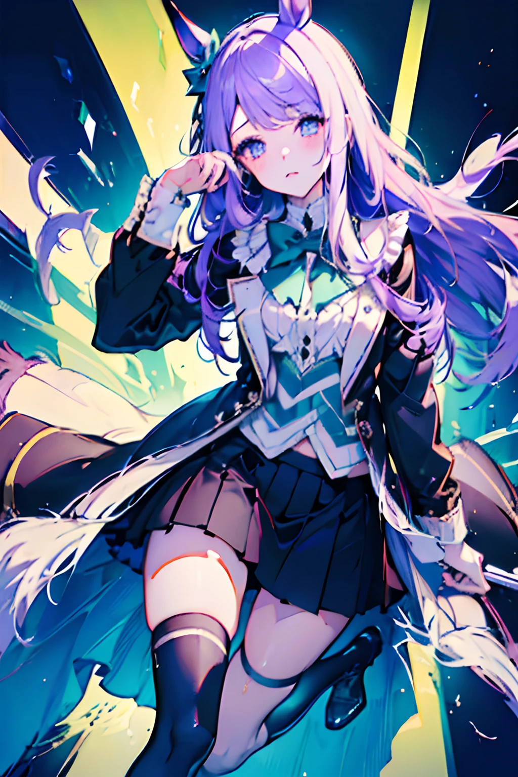 NSFW,beatiful backgrounds,((masterpiece、top-quality))、(illustratio)、(Detail light)、((extremely delicate and beautiful))、1girl in、Mejiro McQueen、Mejiro McQueen(Racing Wear)、Mejiro_mcqueen_\(Umamusume\)、horse ear、Horse Girl、length hair、purple color hair、a purple eye、Bright pupils、green bow、Lifting a black skirt、The shirt、jaket、blue legwear、Whip thighs,knee high、long boots、long-sleeve、frilld、Black_Footwear