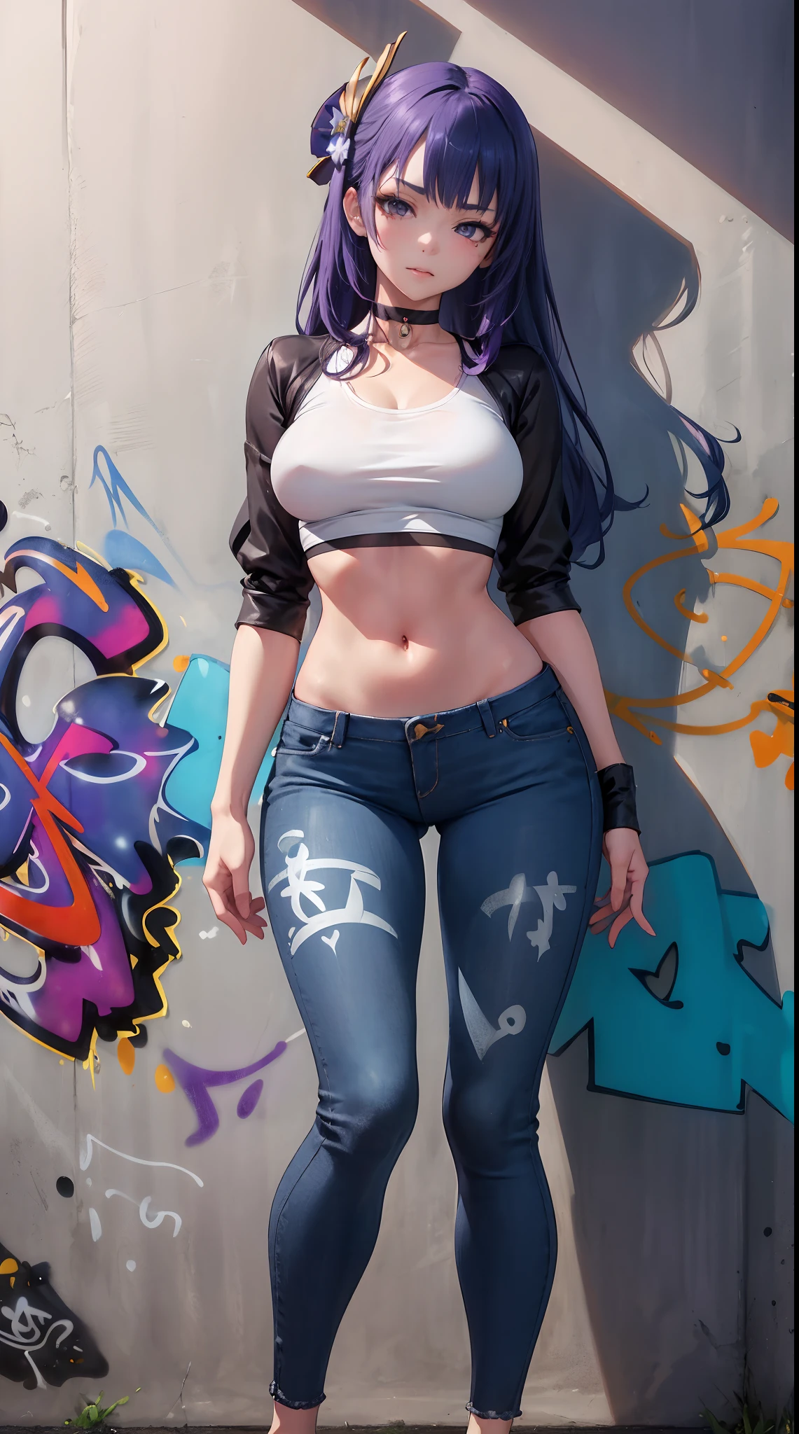 Shogun Raiden|genshin impact, master-piece, bestquality, 1girls,25 years old, proportional body, elongated legs, Beautiful, proportional., crop top, Long Jeans, mediuml breasts, ,bara, crop top, choker, (Graffiti:1.5), Splash with purple lightning pattern., arm behind back, against wall, View viewers from the front., Thigh strap, Head tilt, bored,