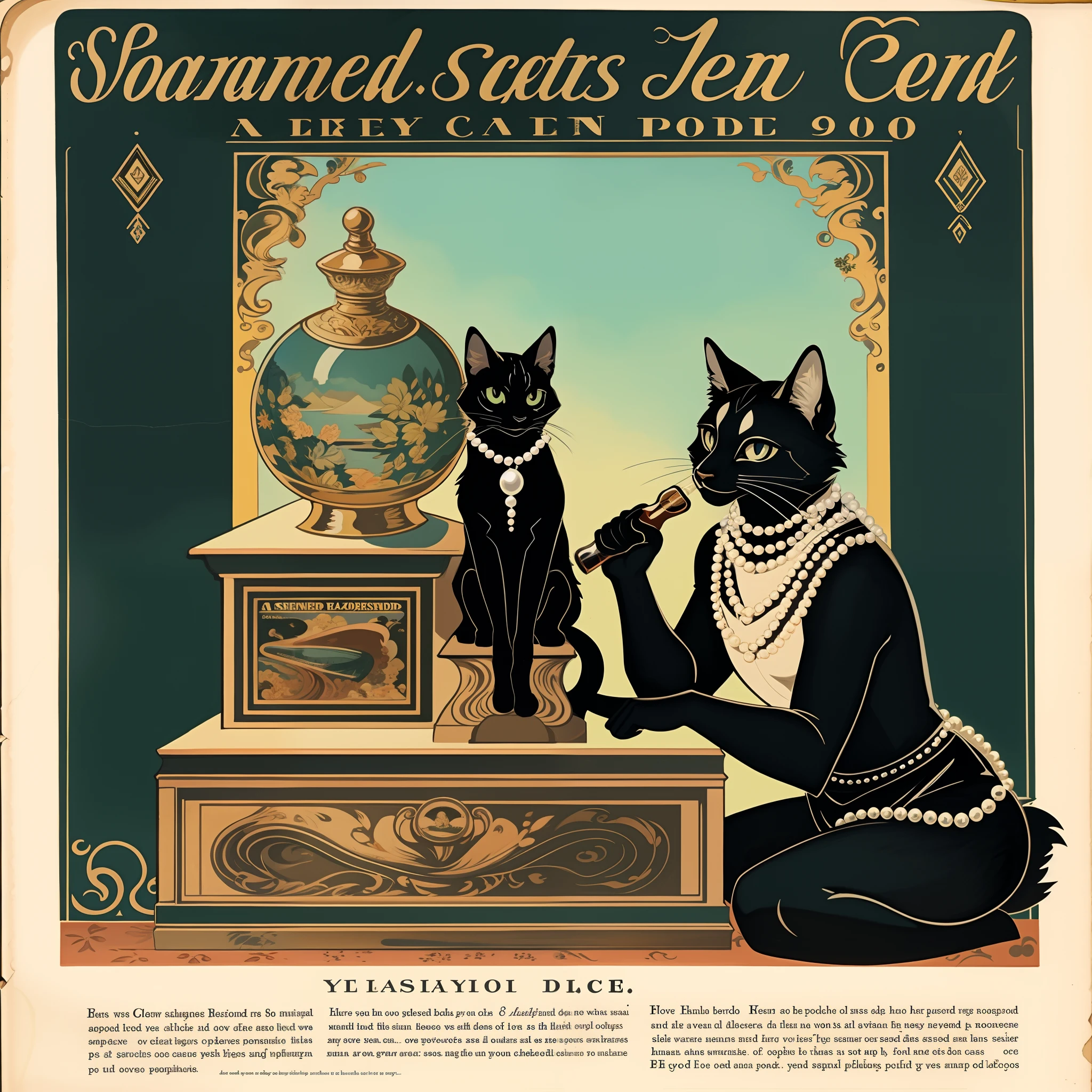 vector art, arafed black cat sitting on a pedestal with a pearl necklace, elegant cat, 1920s advert, 1960s advertisement, luxury advertisement, magazine advertisement, 1960s perfume bottle ads,