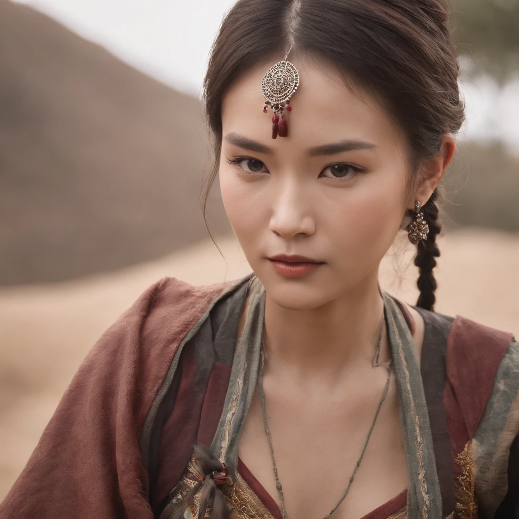 best quality, hyper detailed,Asian,medium height,Shaman in traditional costume,She has a wolf tattoo on her right arm,very beautiful woman,high cheekbones,cream skinned,thin lips,short hair,warrior vibe.