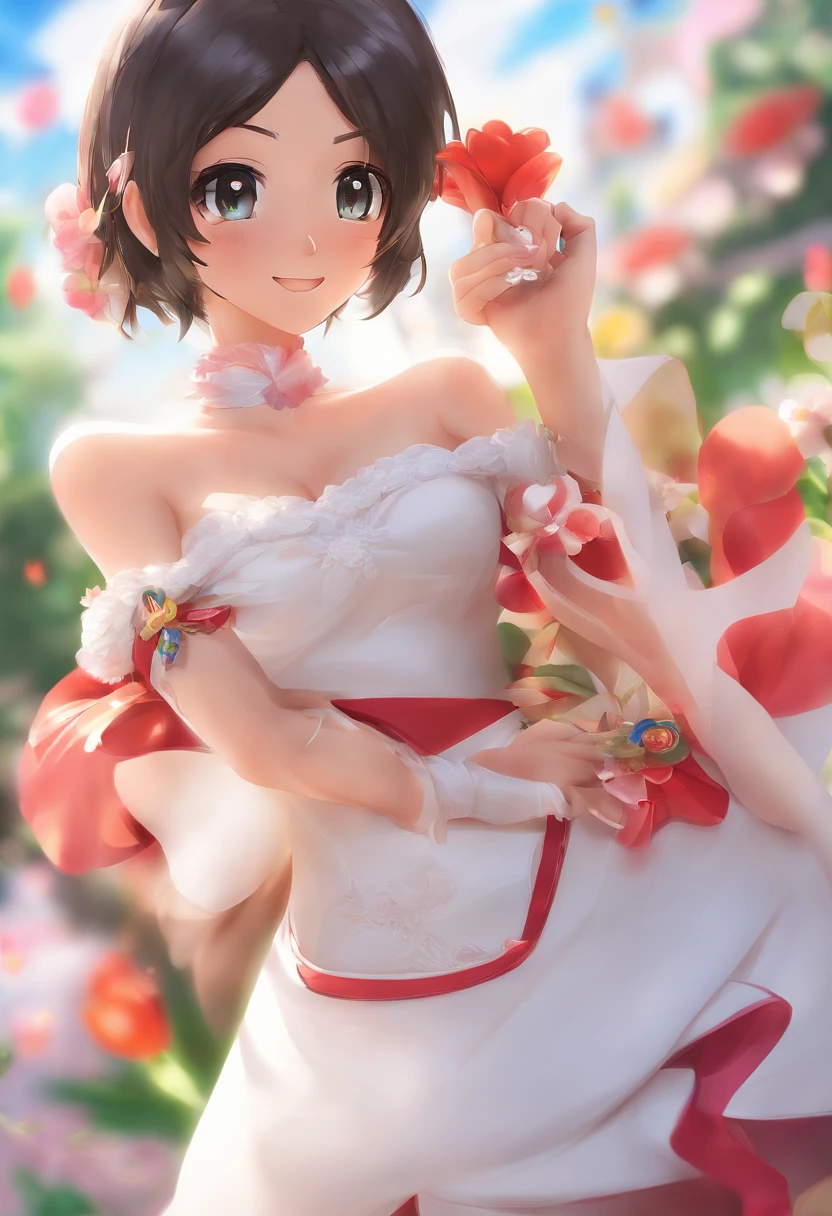 masterpiece:1.2, best quality), realistic, (real picture, intricate details, depth of field), (1girl, solo), make up, parted lips, highly-detailed, perfect face, (skindentation), thick thighs, wide hips, small waist, tall, glossy coral lips,, (A girl in a wedding dress with flowers in hands )), sexy, blushing, Mikasa from AOT