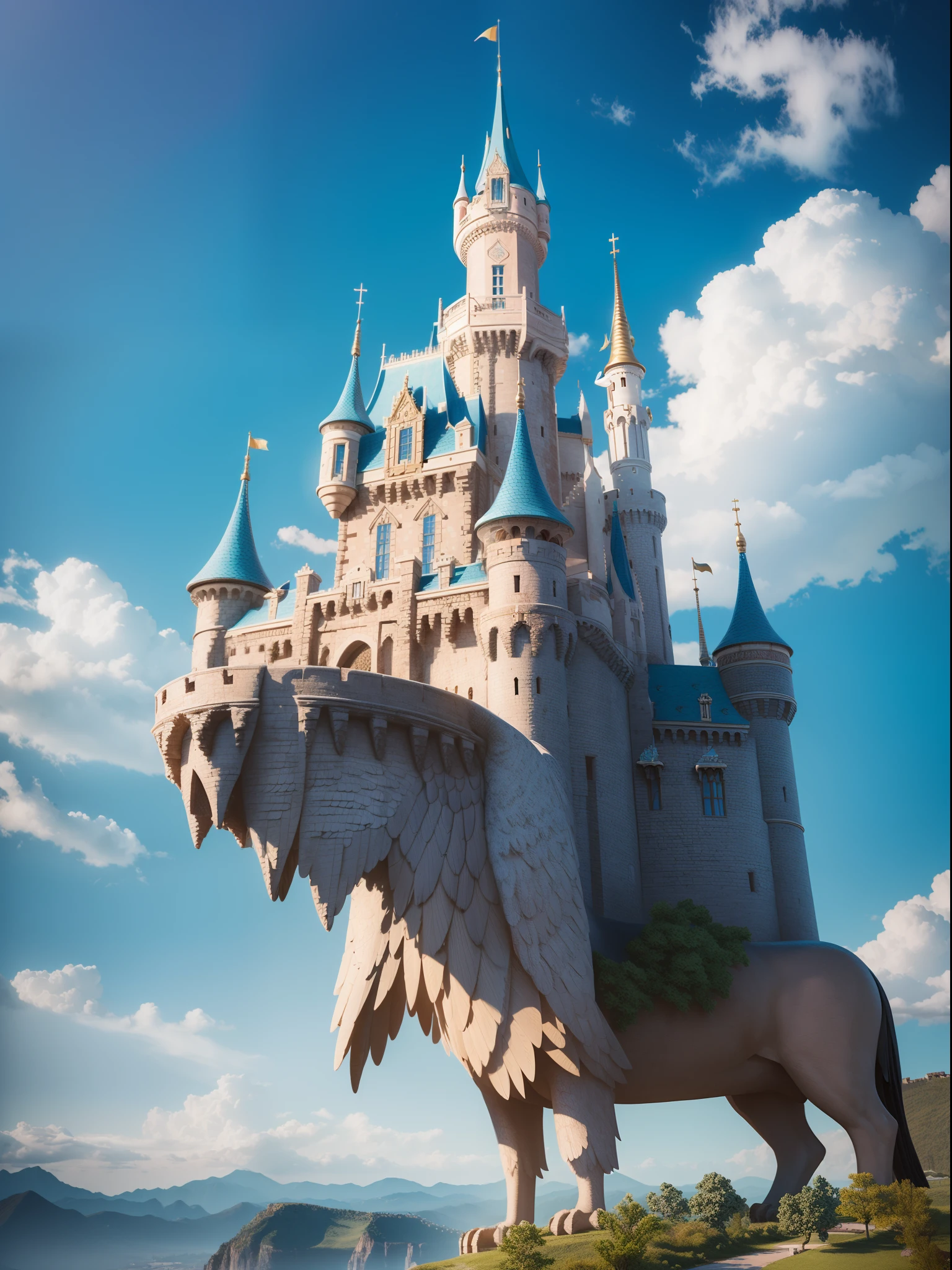 (masterpiece, vibrant, creative, best quality), a huge castle on a giant eagle, walking across the land, giant eagle, intricate and highly detailed, cloud, sky, (ray tracing, global illumination)
