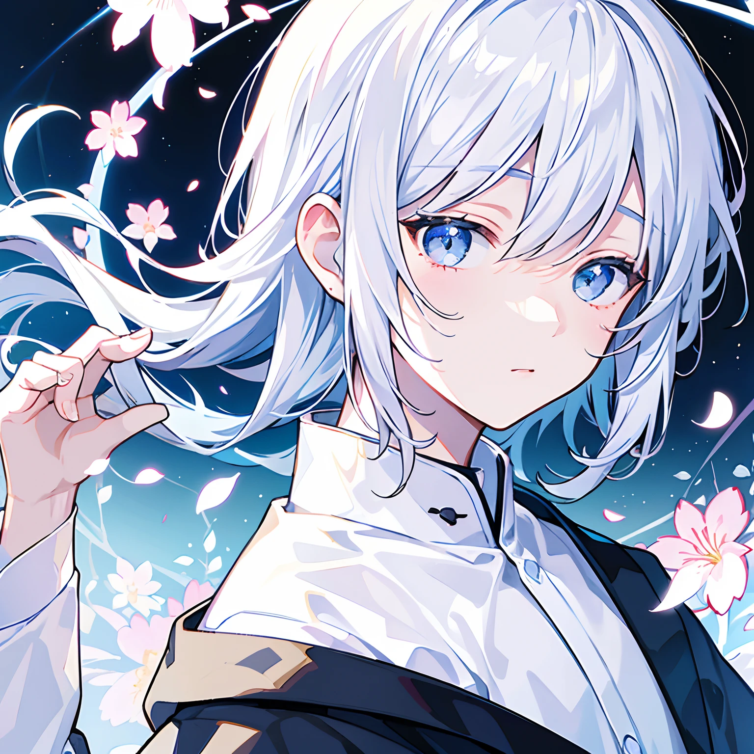 head portrait，illustration，white color hair，Libido boy。florals，dream magical，