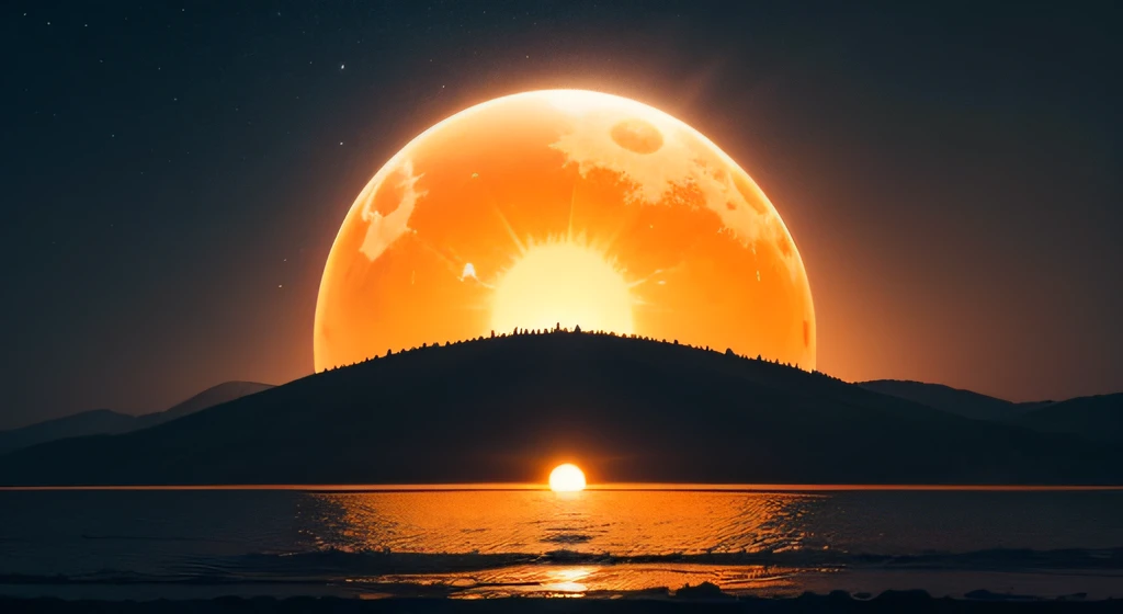 God's Artistry on the Fourth Day: The Luminous Sun Ascends to Rule the Day, and the Gentle Moon Emerges to Watch Over the Night. Unidentifiable Figures Stand Witness as Mysterious Oranges Radiate with Celestial Brilliance.