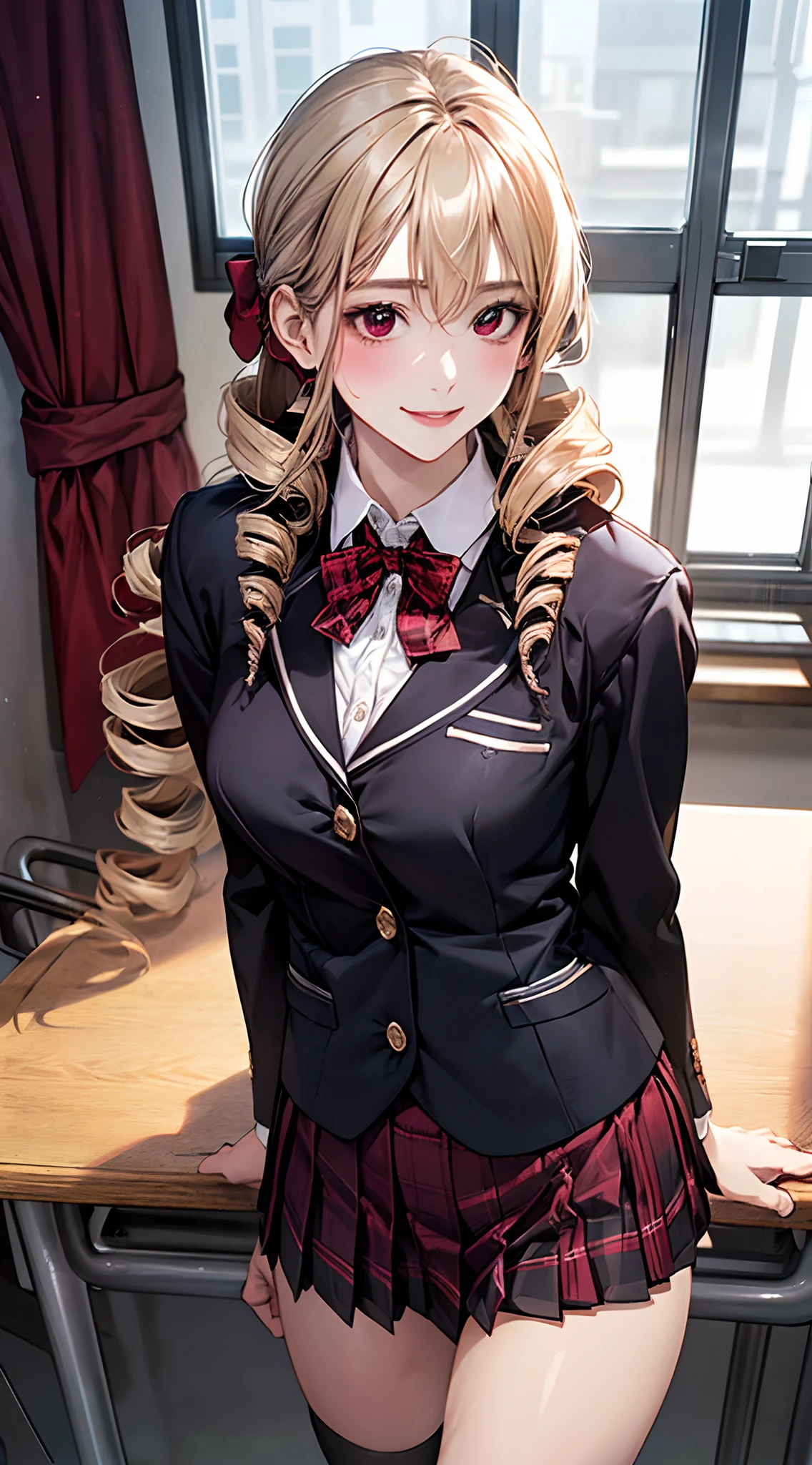 (masterpiece:1.2, top-quality), (realistic, photorealistic:1.4), beautiful illustration, NSFW,
looking at viewer, cowboy shot, front view:0.6,
1 girl, japanese, high school girl, blond hair, (long hair:1.8), (drill hair:1.7), bangs, hair between eye, red eyes, large breasts:0.8, (thick thighs),
beautiful hair, beautiful face, beautiful detailed eyes, beautiful clavicle, beautiful body, beautiful chest, beautiful thigh, beautiful legs, beautiful fingers,
(beautiful scenery), evening, school, classroom, curtains,
((maroon blazer, pleated mini skirt, socks, black private school uniform:1.2, houndstooth pleated skirt, red plaid bow tie)), pink panties,
(swollen), ((seductive posture: 1.2, attractiveness: 1.2)), (idle),
(erotic, sexy, upper eyes, smile), shiny skin,
perfect face, cute and symmetrical face, natural side lighting, movie lighting),
walking,