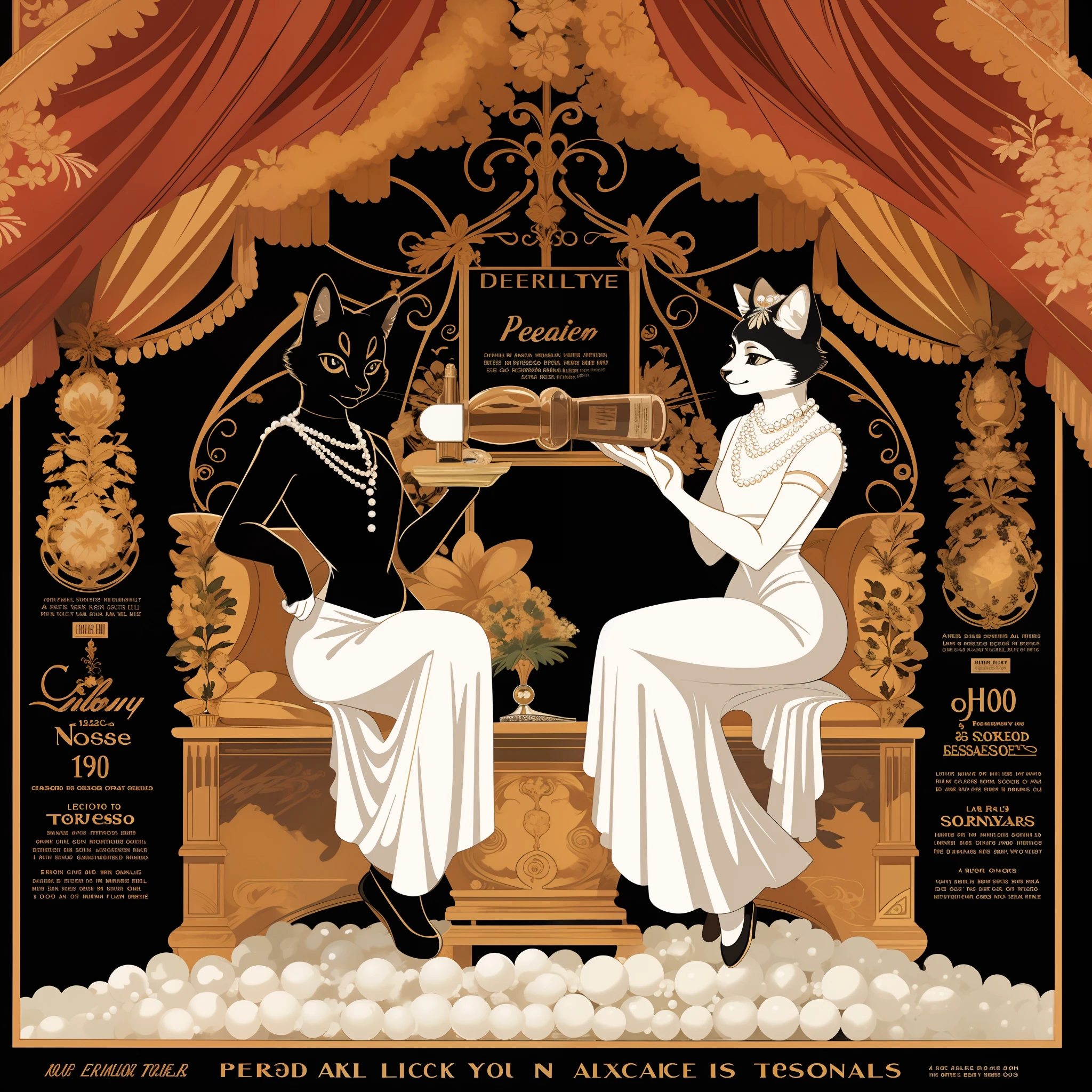 vector art, arafed black cat sitting on a pedestal with a pearl necklace, elegant cat, 1920s advert, 1960s advertisement, luxury advertisement, magazine advertisement, 1960s perfume bottle ads,