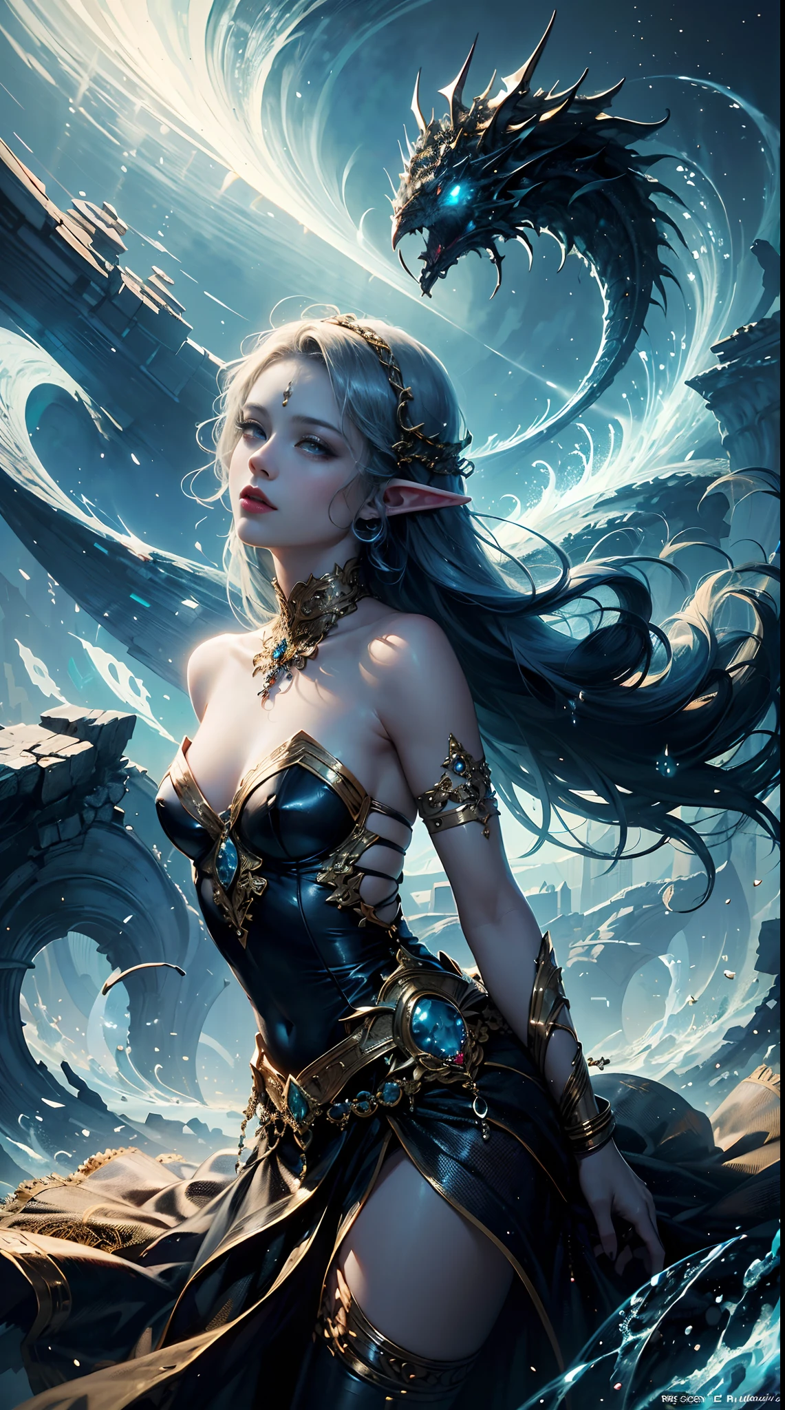 (masterpiece, top quality, best quality, official art, beautiful and aesthetic:1.2), (1 Elf girl), extremely detailed, ornate jewellery, long shapeless hair, (fractal art:1.3),colorful, cinematic, lighting efect, many effects in background)