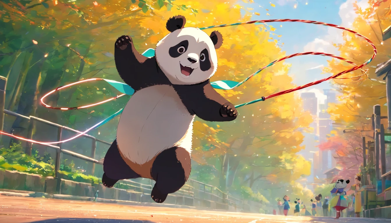 tmasterpiece, best qualityer, cinematic Film still from, 1panda, Close-up, brightly, cheerfulness, Soft lighting and warmth, panda playing jump rope