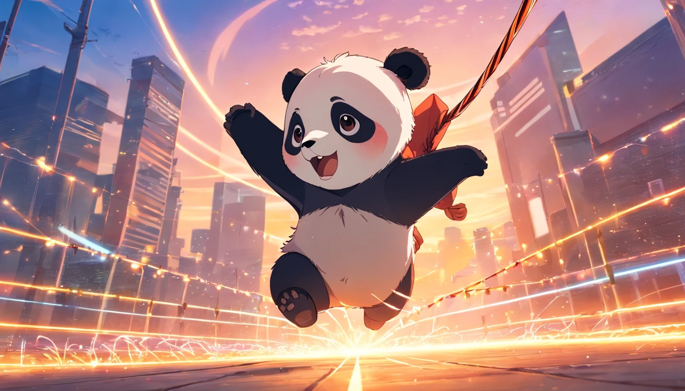 tmasterpiece, best qualityer, cinematic Film still from, 1panda, Close-up, brightly, cheerfulness, Soft lighting and warmth, panda playing jump rope