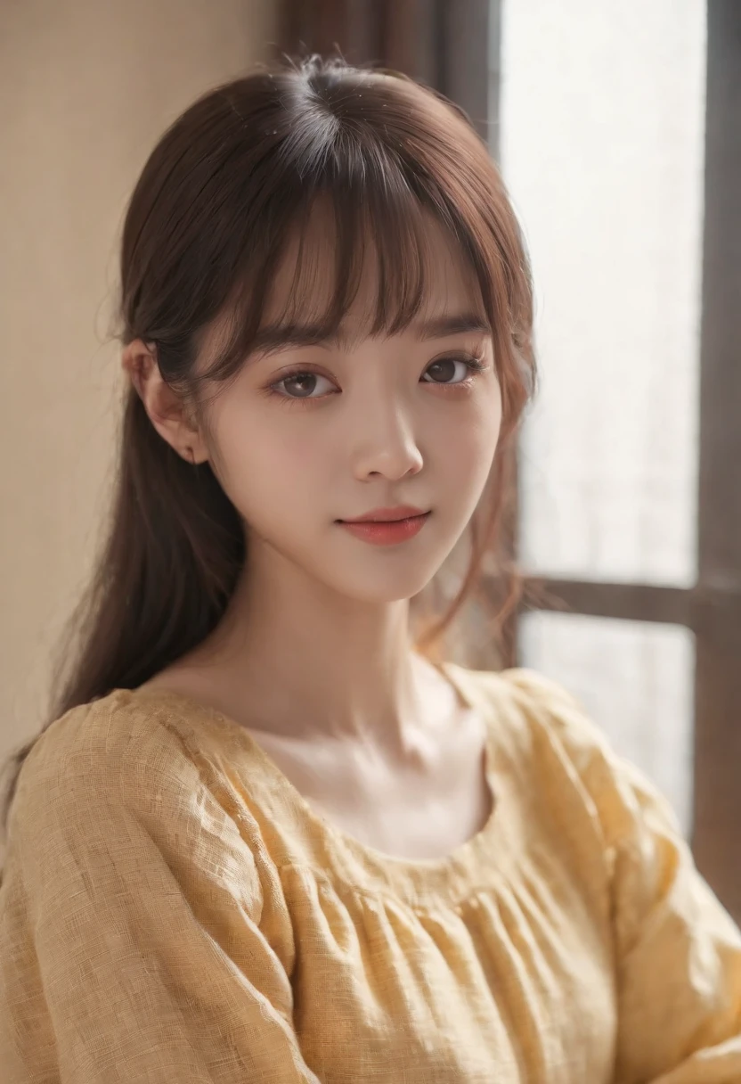 top-quality, Photorealsitic, masterpiece, 8K, Hi-Res, 独奏, 1girl, (((infp young woman))),sixteen years old、full bodyesbian、(small tits), ((Look at viewers)), (look at a camera), ((Various hairstyles close to long))、Perfect straight black hair、((With bangs))、 (profetional lighting), Highly detailed bright face、Gentle Japan girl、lovely smile、Yellow T-shirt(long-sleeve)、Checked pleated skirt、Standing in the room