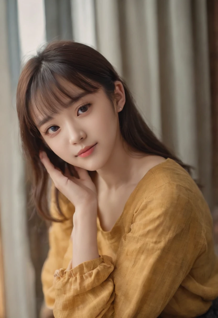top-quality, Photorealsitic, masterpiece, 8K, Hi-Res, 独奏, 1girl, (((infp young woman))),sixteen years old、full bodyesbian、(small tits), ((Look at viewers)), (look at a camera), ((Various hairstyles close to long))、Perfect straight black hair、((With bangs))、 (profetional lighting), Highly detailed bright face、Gentle Japan girl、lovely smile、Yellow T-shirt(long-sleeve)、Checked pleated skirt、Standing in the room