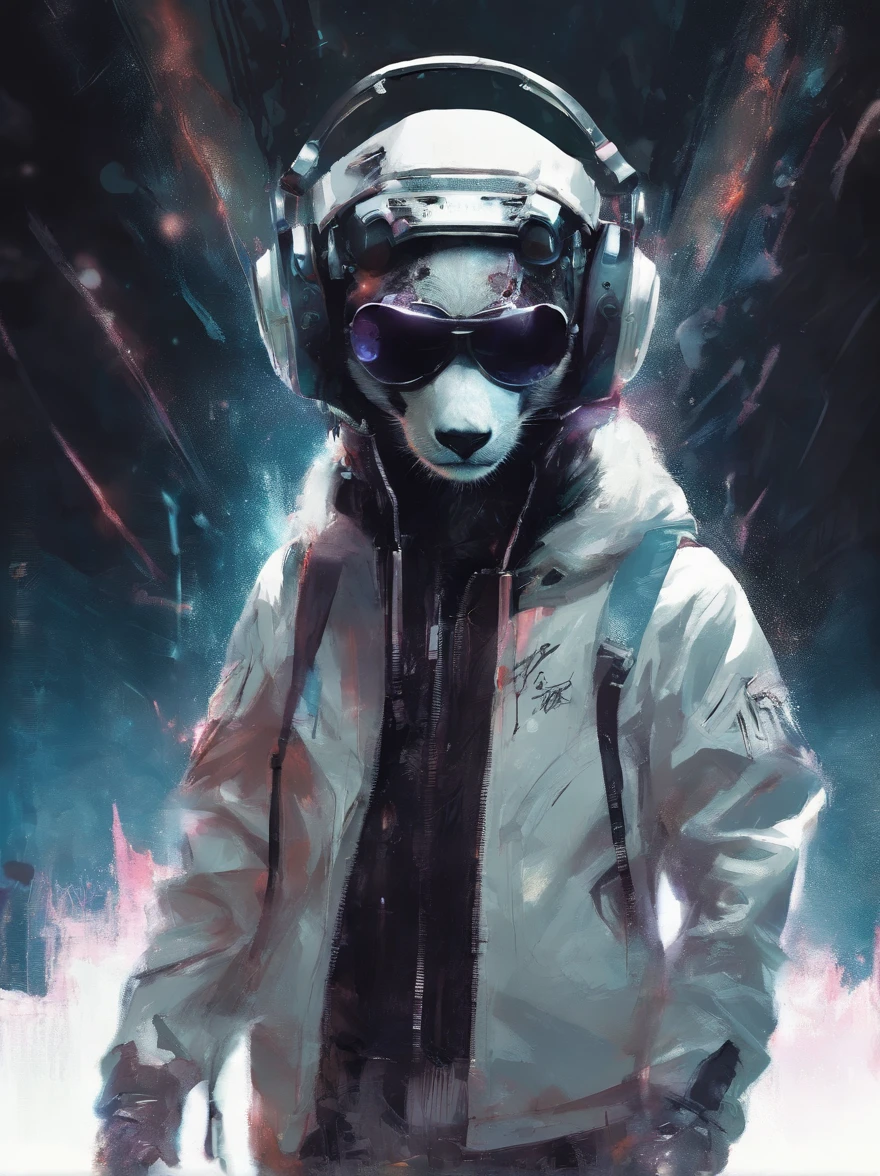 Perfect centering, A cute panda, Wear a student jacket, Wearing sunglasses, Wearing headphones, Standing position, Abstract beauty, Centered, Looking at the camera, Facing the camera, nearing perfection, Dynamic, Moonlight, Highly detailed, Digital painting, art stations, concept-art, smooth, Sharp focus, 8K, high definition resolution, Art by Carne Griffiths and Wadim Kashin, White background