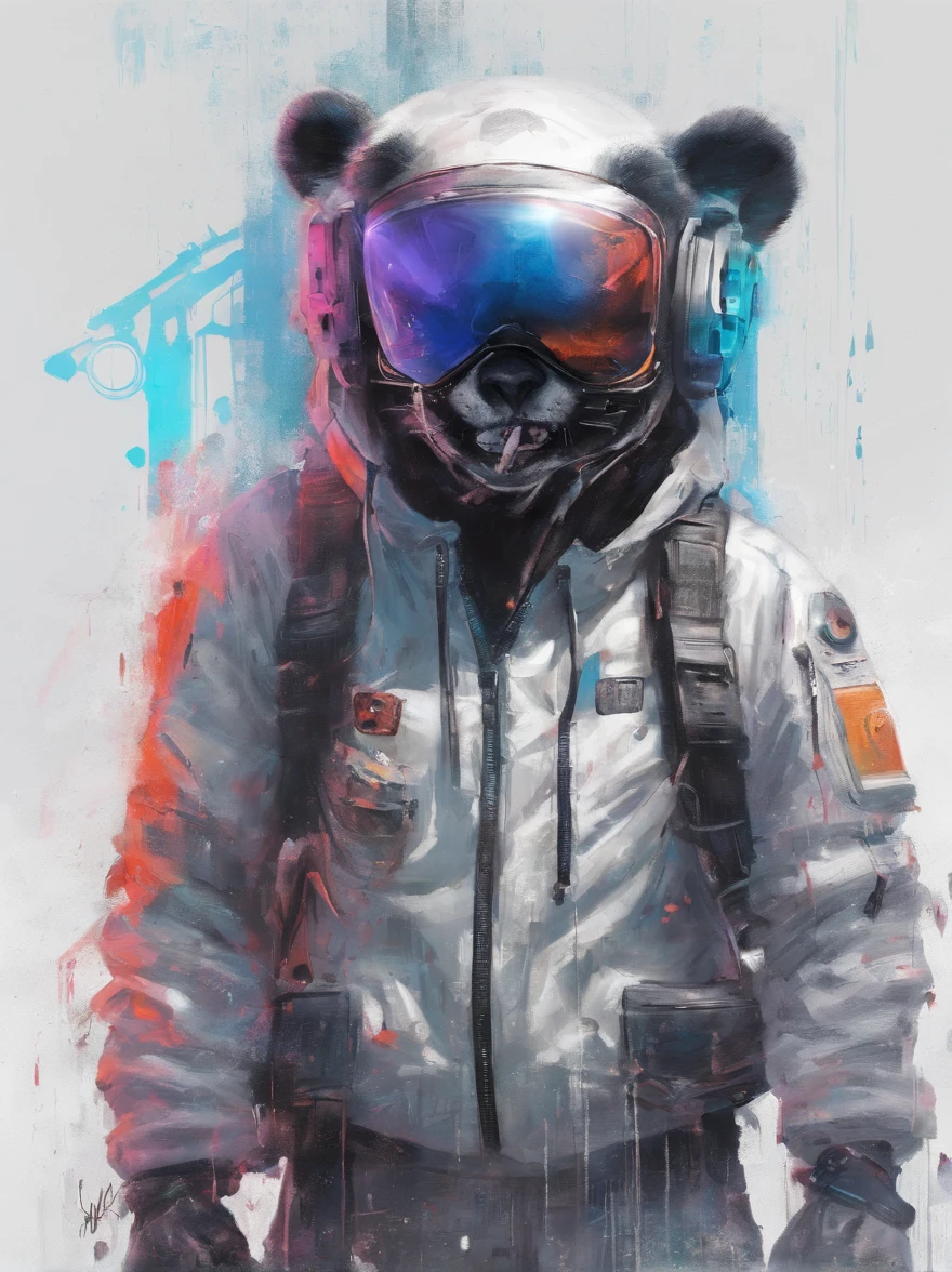 Perfect centering, A cute panda, Wear a student jacket, Wearing sunglasses, Wearing headphones, Standing position, Abstract beauty, Centered, Looking at the camera, Facing the camera, nearing perfection, Dynamic, Moonlight, Highly detailed, Digital painting, art  stations, concept-art, smooth, Sharp focus, 8K, high definition resolution, Art by Carne Griffiths and Wadim Kashin, White background