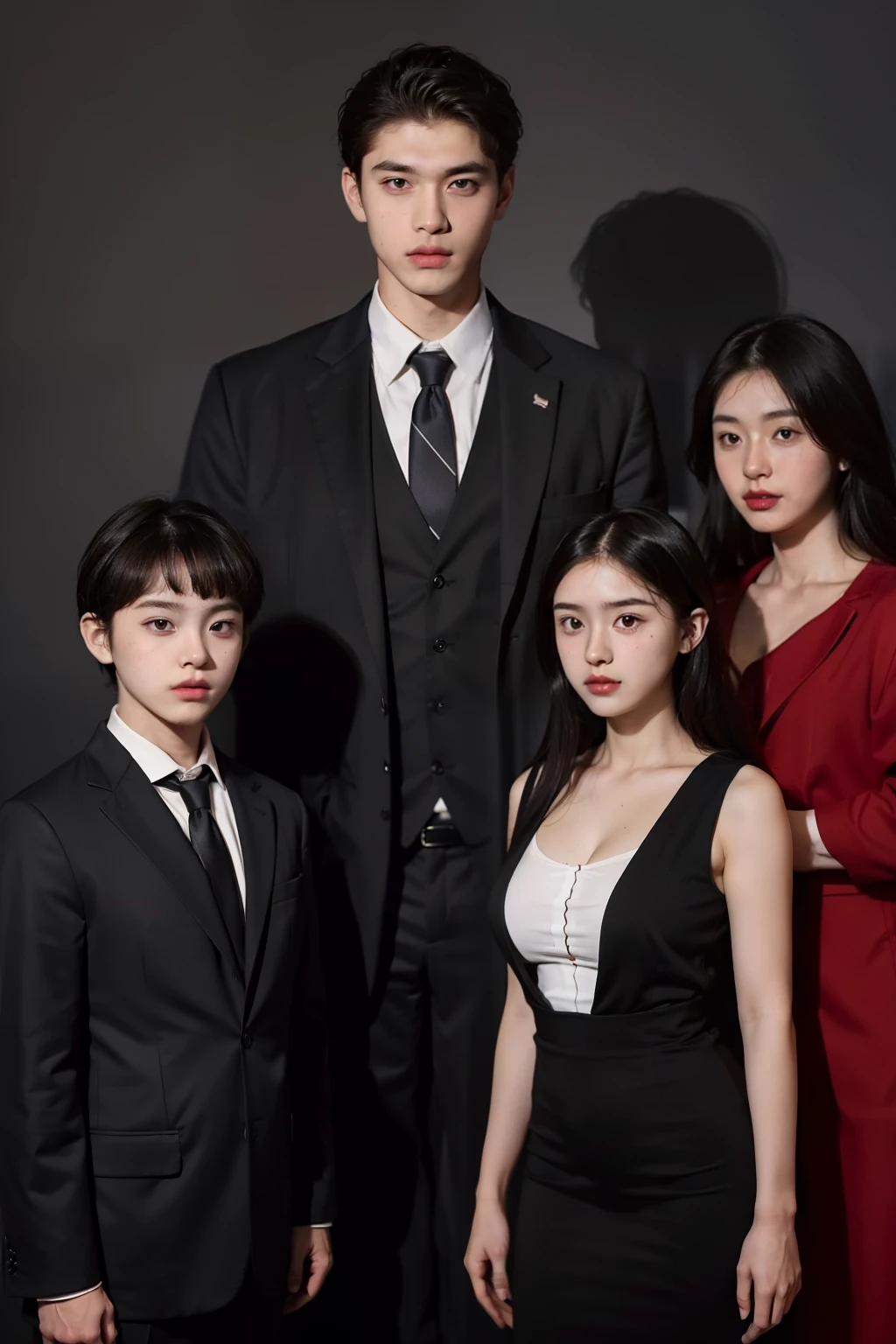 Height comparison of two men and women, 1girl in,15yo student,190cm tall,85kg,Good style,huge tit,adultlike face,Facing the front,Upright 2 boys,15yo student,a baby face,Height 160cm,Luxury