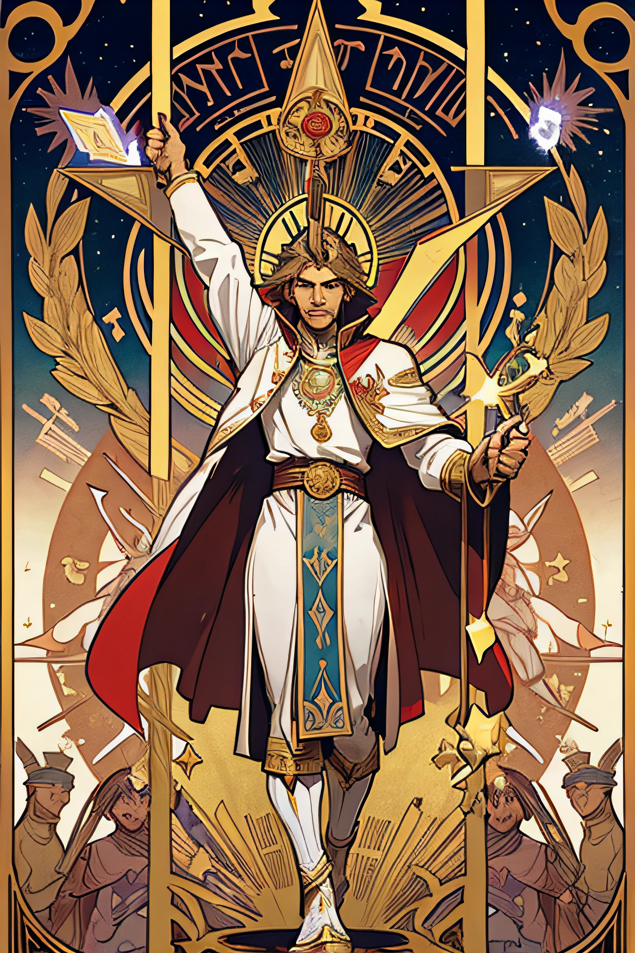 Tarot cards, The Magician, man, Egypt, art, Alphonse Mucha, The right hand holds the scepter raised above his head., Left hand pointing to the ground., Full-body stand, Gold cups, medals, scepters, and swords were placed on the table., White inner dress, Red coat
