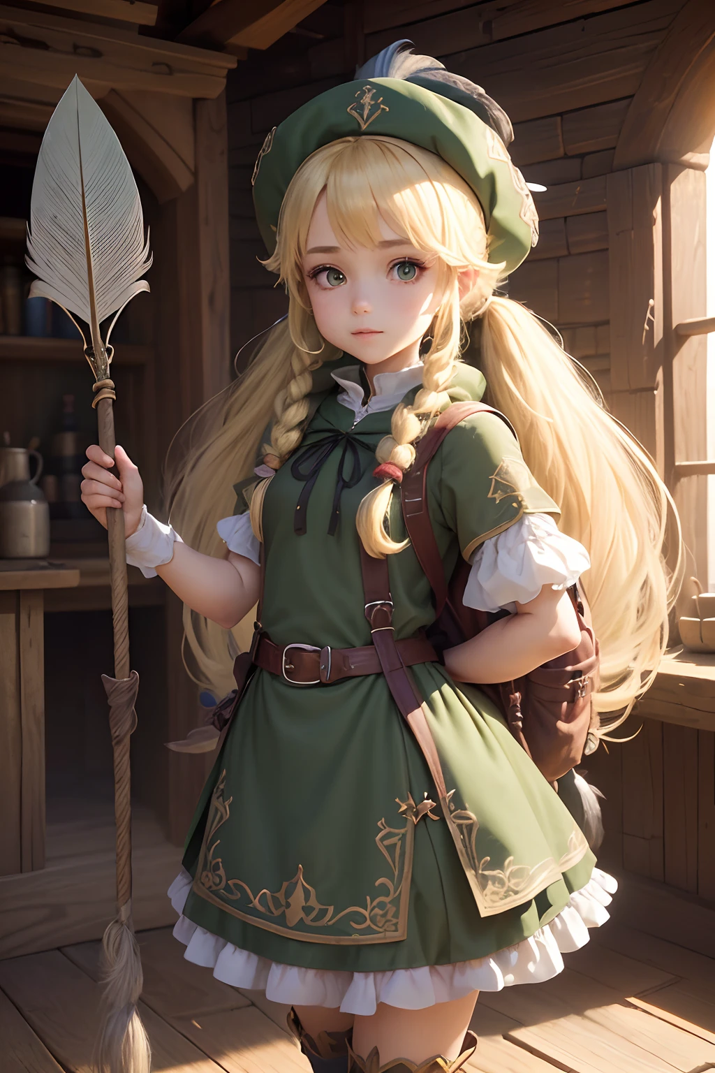 (girl with),( absurdly , High quality , ultra-detailliert ),(Summer in the morning),(masutepiece),(In the Adventurer's Tavern),(long-haired blonde twin-tails),（Blue Long Clergy Ron Grove）,Cleric Hat,(Cute 3D anime petite girl rendering),Super Detailed Beautiful Girl,(Peppy pose),Wearing long boots,Halo,(Feather shower), Perfect face and nice perfect face,,long  skirt,(Fantasy Adventurer Style）,（Embark on an adventurous journey）,(Carry a green army rucksack).（With a staff in her right hand）,（A rope is wrapped around the waist）,（Together with dwarves with axes）、