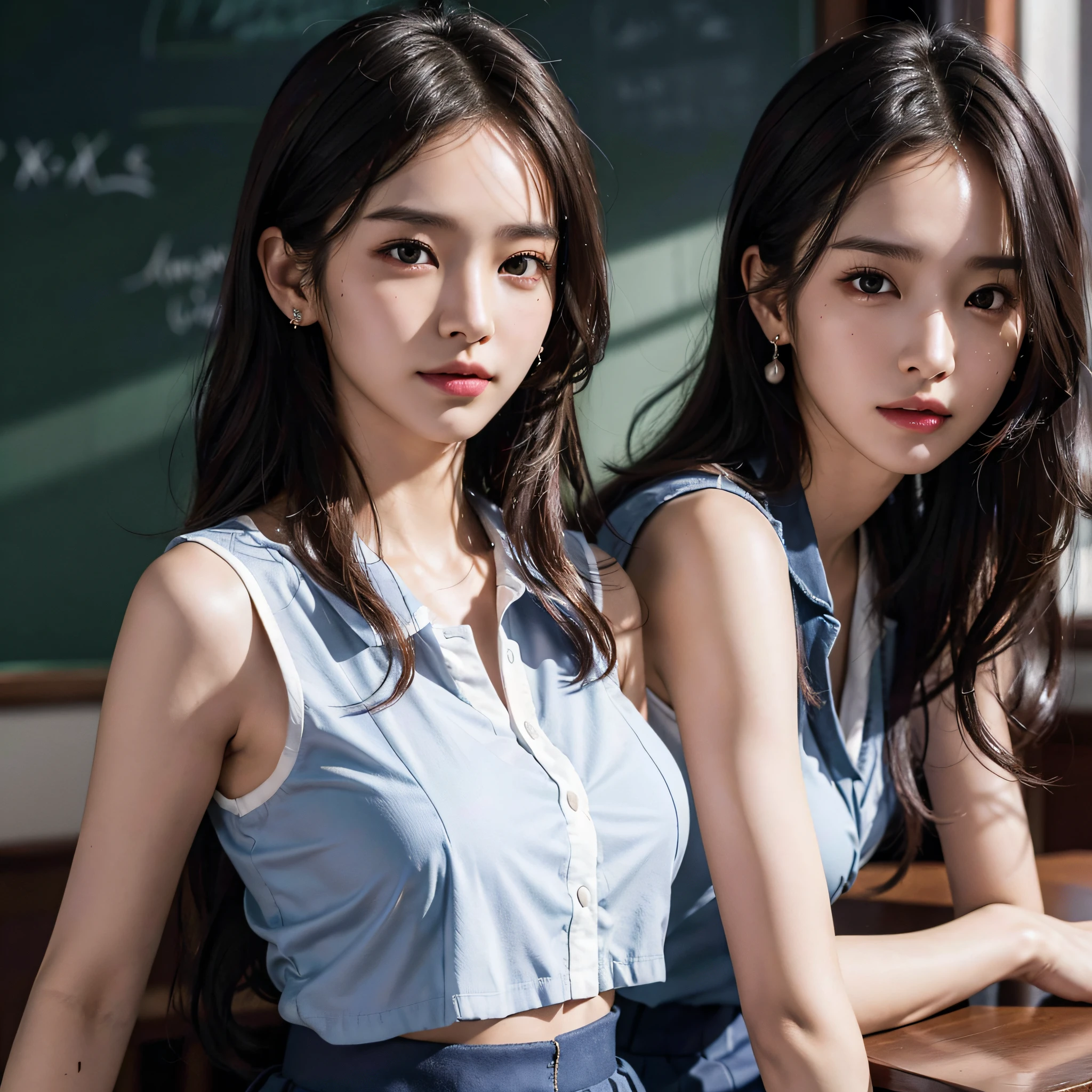 absurderes, Raw photo, Extremely delicate and beautiful, masutepiece, Best Quality, Ultra High Resolution, 16 K, hyper realisitic, Realistic, Photorealistic, Photorealsitic, Ultra-detailed, Perfect Anatomy, super detailed skin, Perfect figure, Very detailed CG 8k wallpaper, in her 20s, Very slim body, Narrow waist, Very small head, Very small face, Delicate facial features, tear moles, Earring, thin legs, (very massive round chest), (2 Girl:1.4), Short hair, (Wavy Hair), (light brown hair:1.2), (Wet clothes), (School uniform:1.3),