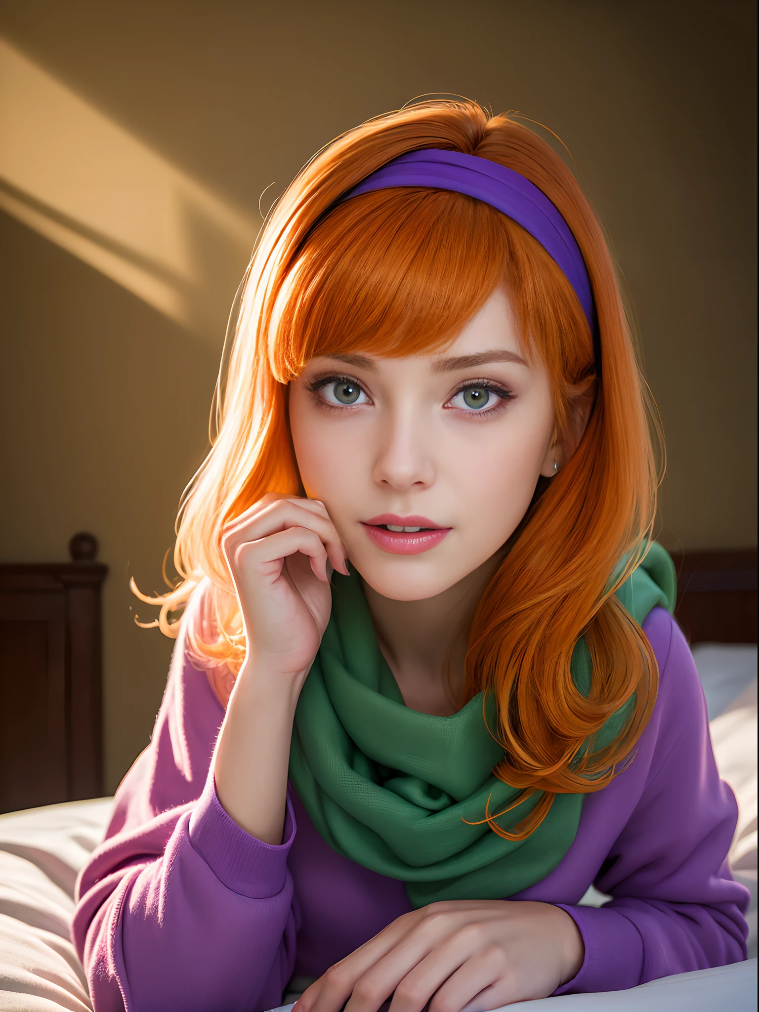 (masterpiece, best quality:1.4), (sitting on an old bed:1.5), (dynamic pose:1.4), (on a horror house with ghosts), daphneblake, (green) scarf, orange hair, purple dress, hairband, long sleeves,  (european youth  woman:1), looking at viewer, beautifull smile, beautiful face, highly detailed face, highly detailed eyes, subsurface scattering, realistic pupils, full face blush, full lips, detailed background, depth of field, volumetric lighting, sharp focus, absurdres, realistic proportions, (realistic, hyperrealistic:1.4), 16k hdr