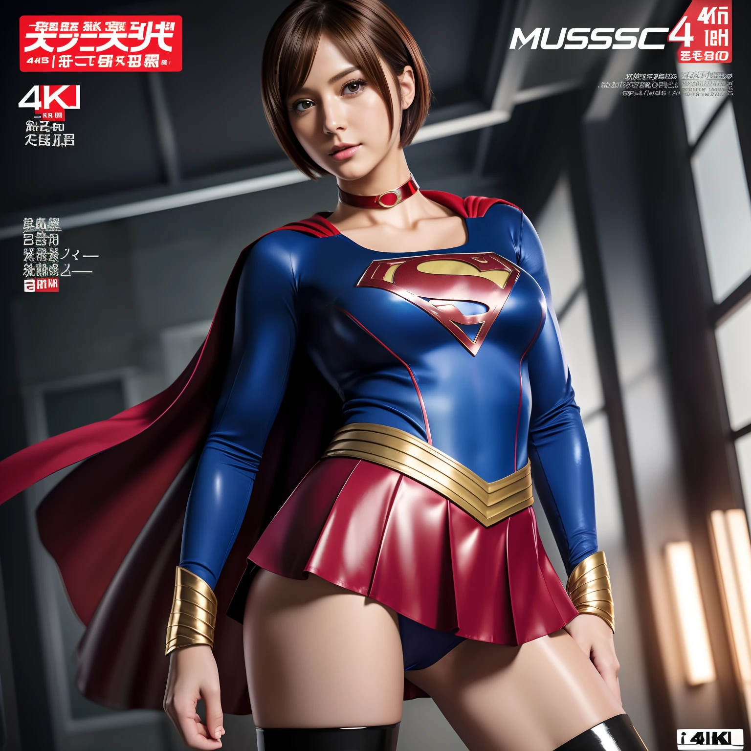 (Best Quality,4K,8K,hight resolution,masutepiece:1.2),Ultra-detailed,Realistic:1.37,Super masterpiece,Short-haired Supergirl、large full breasts、Looking at the camera、Glossy costume、a choker、Too short miniskirt、Magazine covers、