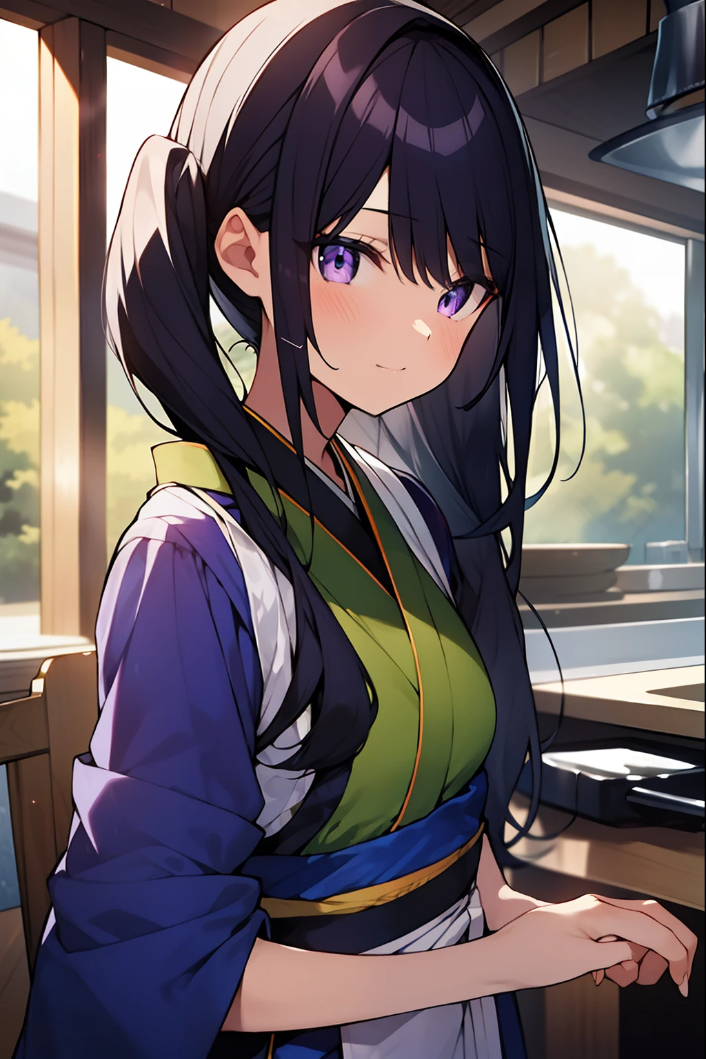 takinainoue, inoue takina, long hair, bangs, black hair, twintails, (purple eyes:1.2), (small breast:1.2), BREAK japanese clothes, kimono, apron, waist apron, blue kimono, waitress, BREAK indoors, BREAK (masterpiece:1.2), best quality, high resolution, unity 8k wallpaper, (illustration:0.8), (beautiful detailed eyes:1.6), extremely detailed face, perfect lighting, extremely detailed CG, (perfect hands, perfect anatomy),