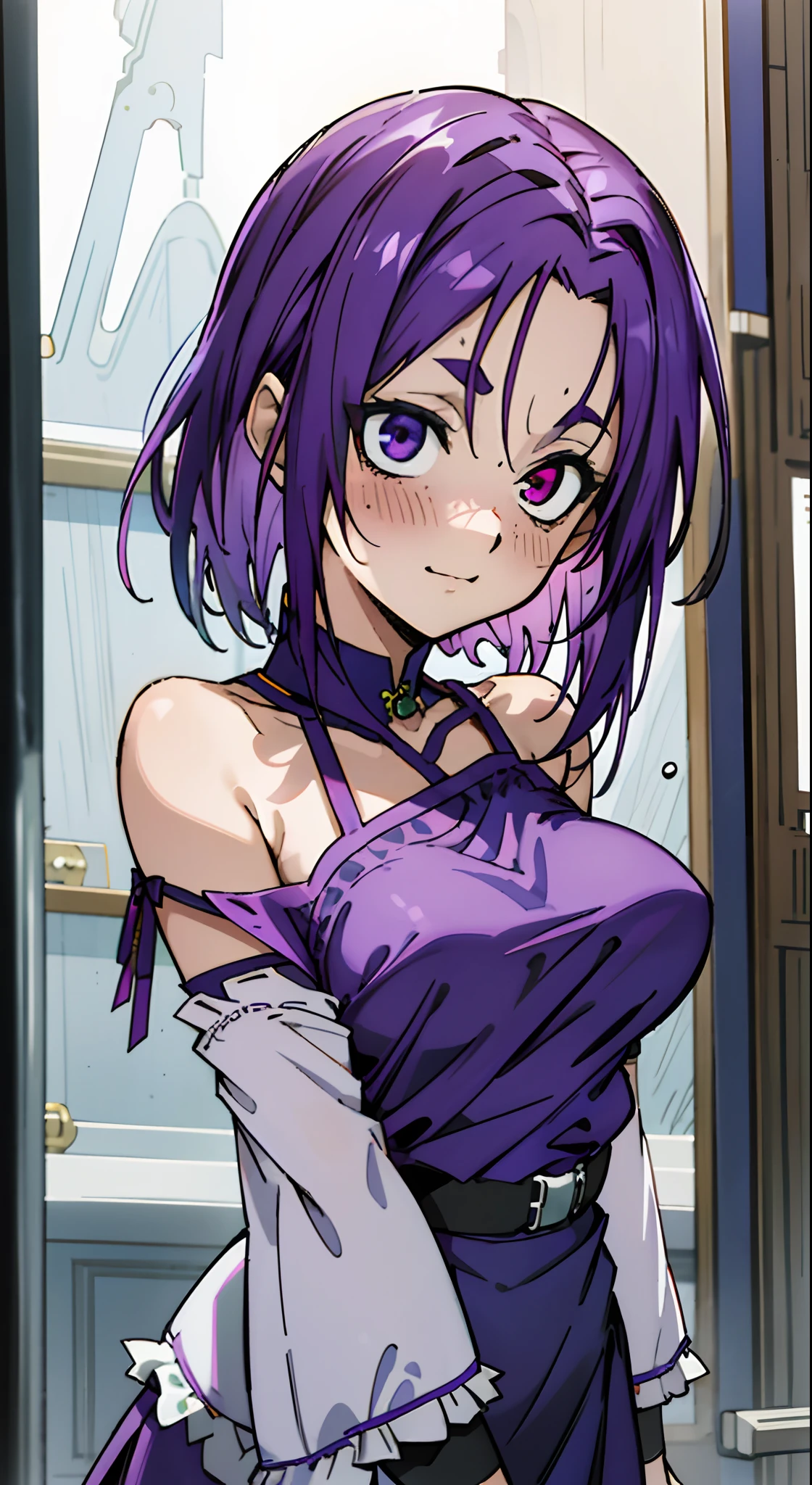 Masterpiece, Best quality, Ultra-detailed, Off-the-shoulder attire, Colorful,take up close, Hyper-detailing，purple color hair, medium long hair, reo mikage, bluelock, no sleeves, camisole, navy blue camisole, cheongsam, navy blue cheongsam, chinese clothes, chest exposure, underwear, frilly underwear, the kinky is exposed, collar, black collar, arm warmers, sexy breasts, scar, big breasts, red blush, 1girl, Solo, sharpy face, heterochromia, green eyes, purple eyes, Bare neck, happiness face, rays of sunshine, brautiful sky, shining sky, tiara, slum town
