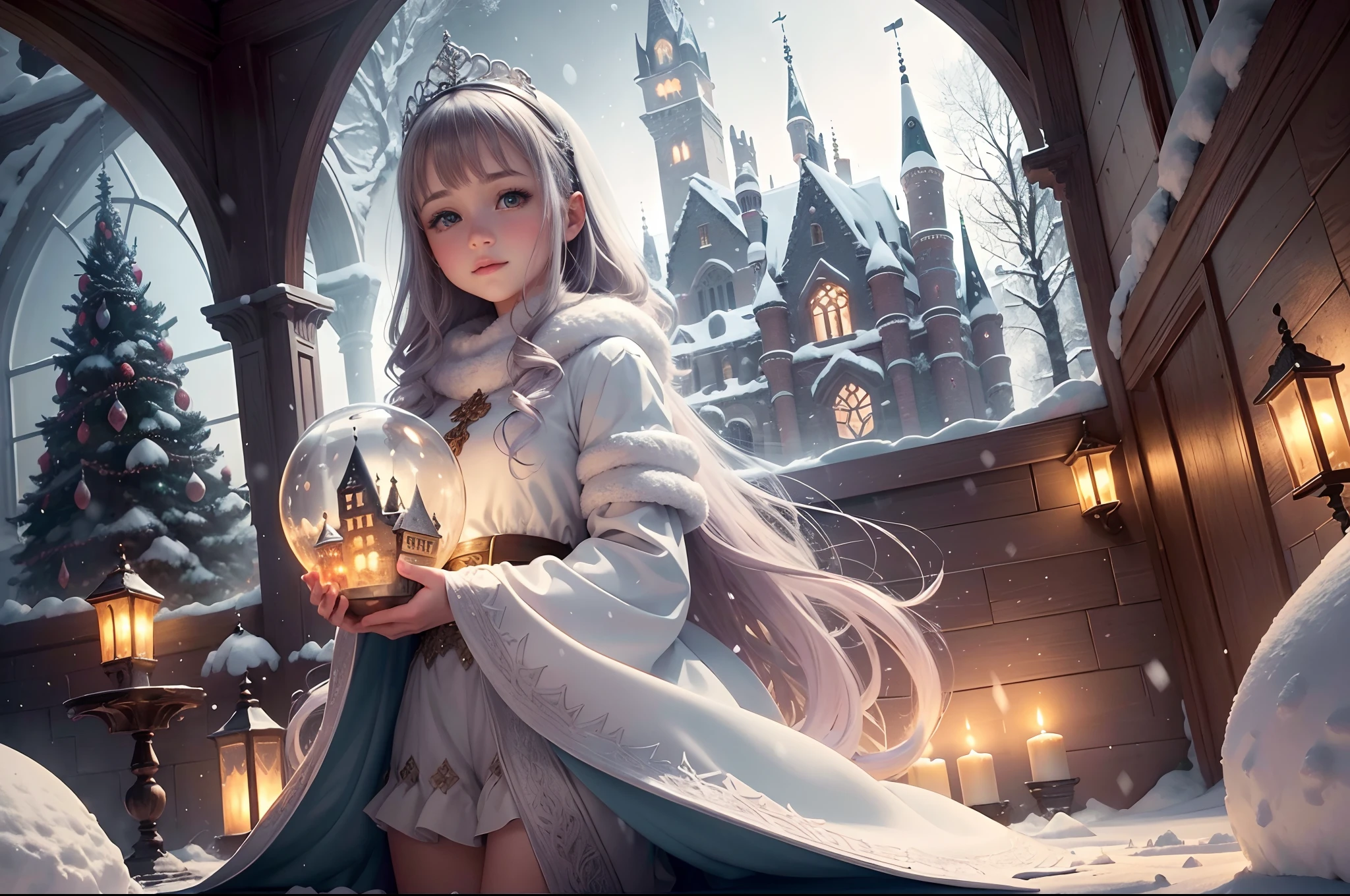 (A girl holds a castle trapped inside a snowball in her hands: 1.4). (best quality, 4k, 8k, high resolution, masterpiece: 1.2), ultra-detailed, (realistic, photorealistic, photorealistic: 1.37), illustrative, magical, dreamlike, wintery, fantasy, whimsical, detailed snowflakes, delicate snow, shimmering glass, bright lights, enchanting atmosphere, soft snowfall, intricate castle design, amazed expression of the girl, soft color palette, tranquil surroundings, ethereal glow, intricate snow globe craftsmanship, mesmerizing beauty, beautifully sculpted castle, sparkling snow, wonderful scene, warm ambient light, frosted crystals, intricate engravings