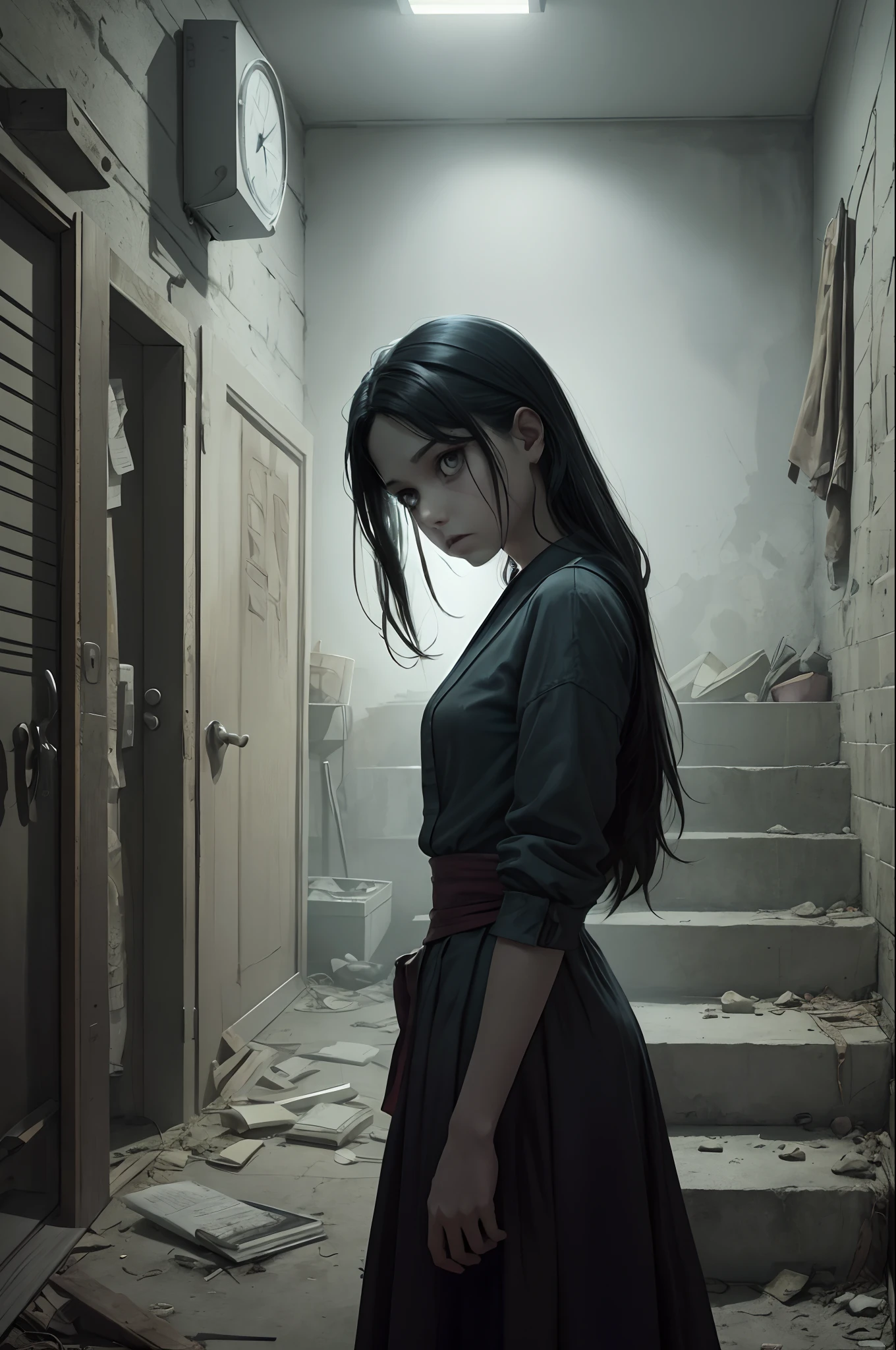 Creepy anime scene in a dimly lit, abandoned basement. The protagonist, a brave young girl with long black hair and a determined expression, cautiously descends the creaky staircase. The atmosphere is filled with suspense and mystery, as eerie shadows dance on the walls. The basement is cluttered with old furniture, cobwebs, and rusty tools, adding to the sense of dread. The lighting is low, with flickering fluorescent lights casting haunting shadows. The style is inspired by Japanese horror manga, with detailed linework and intense shading. Achieve the style using digital illustration software and a dark color palette. The composition should focus on the girl, capturing her fear and determination, while also showcasing the eerie basement setting. Use a low-angle shot to emphasize the height of the staircase and add a sense of unease. --auto --s2