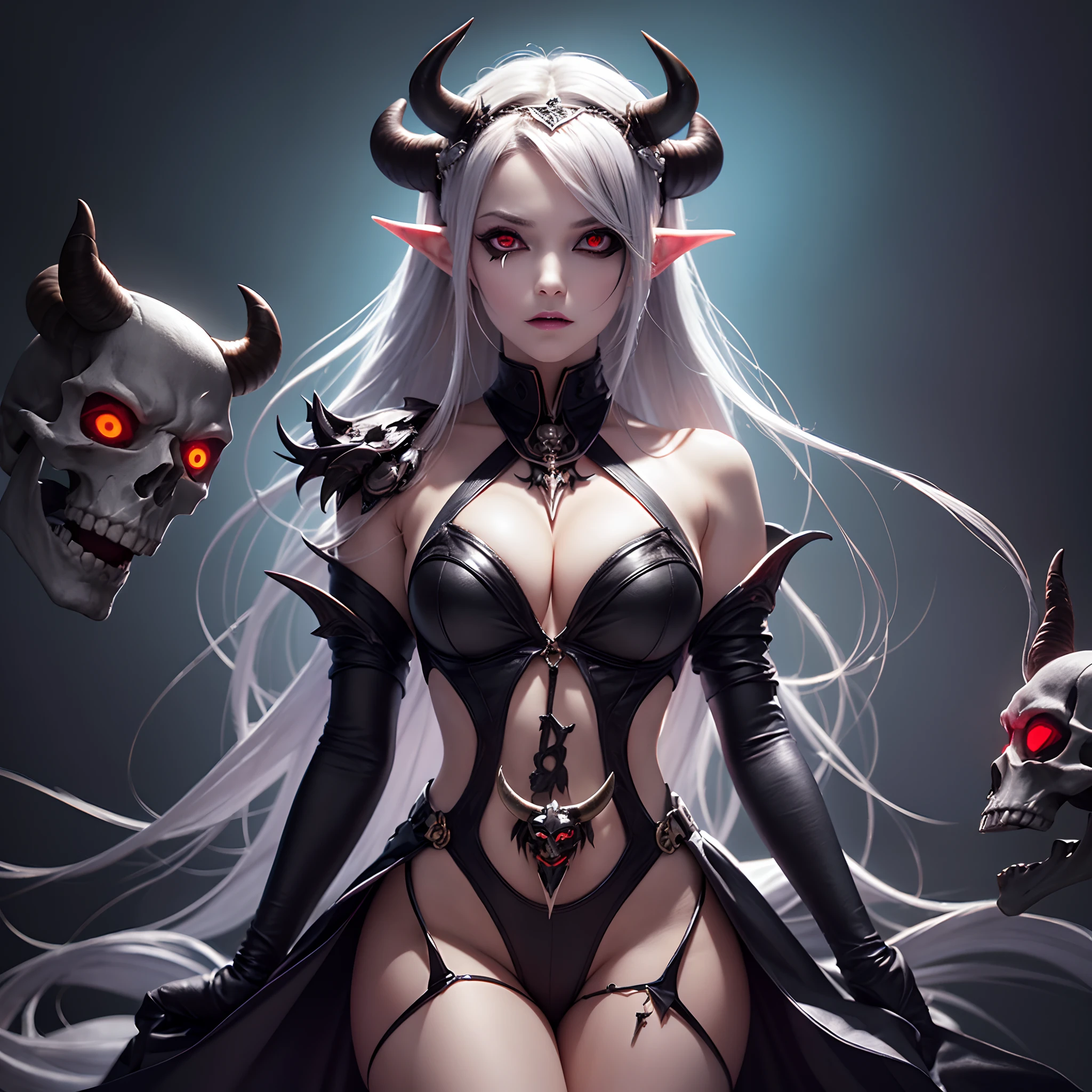 (Finest quality)),(超A high resolution),(ultra-detailliert),(Meticulous portrayal),((Best Anime)),(Finest works of art),Ultra-precise art,dark fantasy art:1.5, (Devilish Beauty,Dark Elves:1.5),(Bull's-eye:1.4),Glamorous Body,thin-waist,a navel, darkened room:1.5,Stacked Skull:1.4,Skull Mountain:1.4