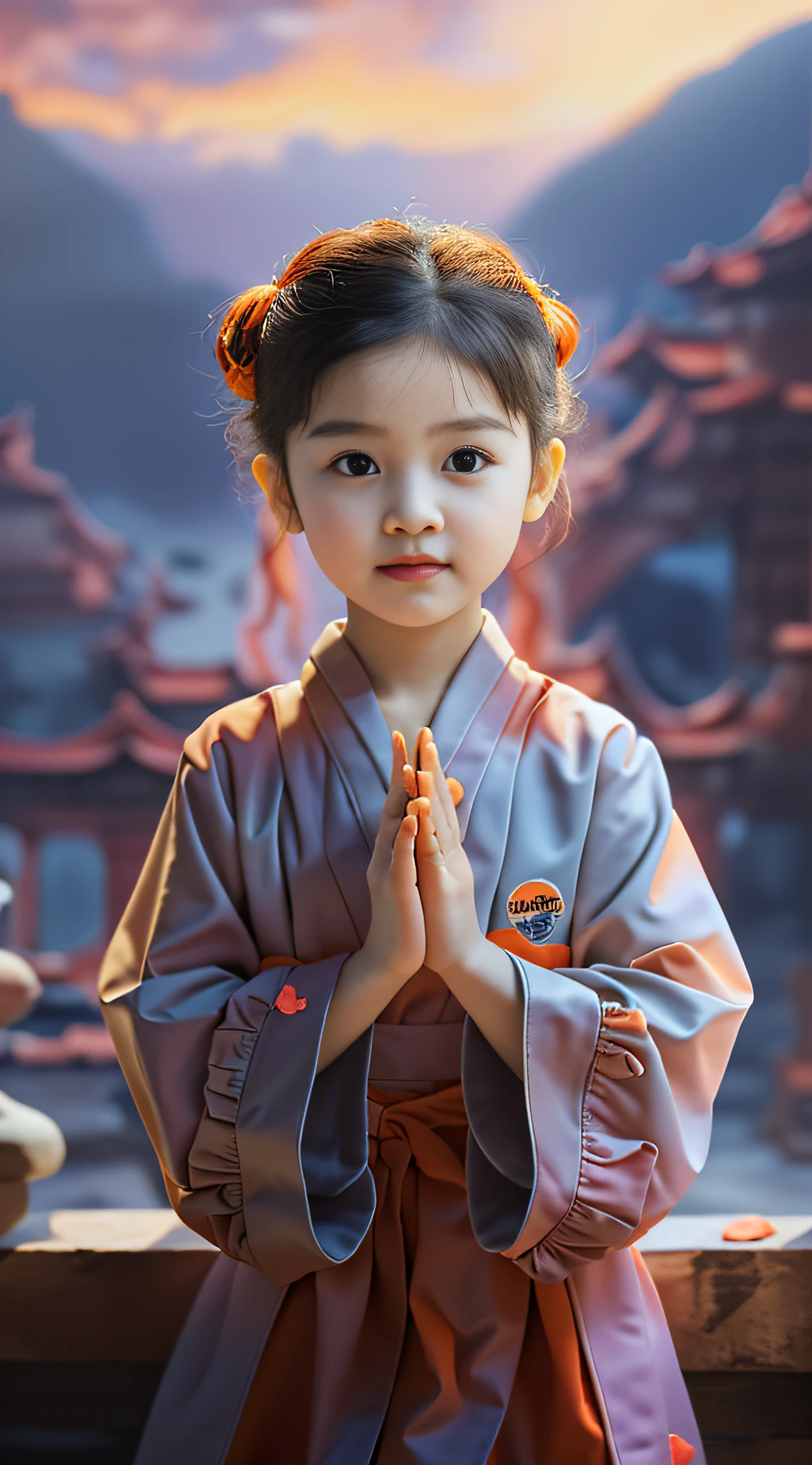 A girl wearing an orange robe,had his hands folded,Face the camera,The background is a temple