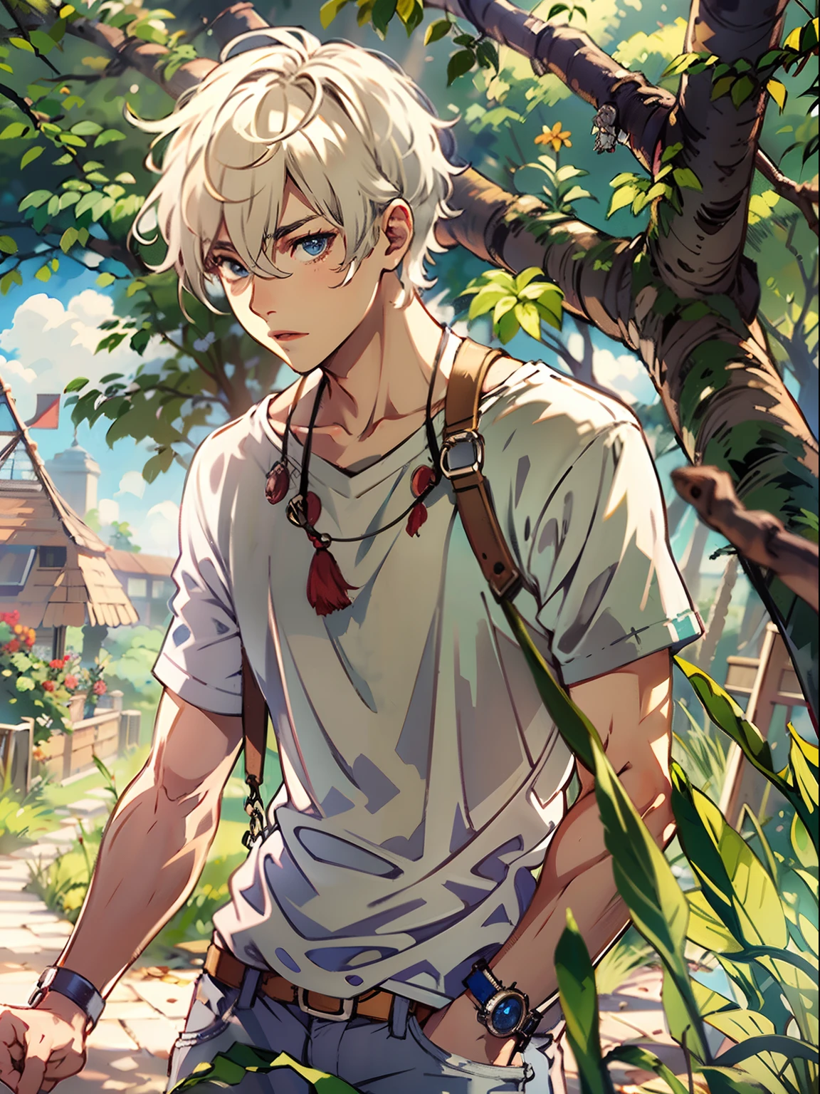 2boys,13 only、(Man's :2) ,Handsome boy,silber hair、a blond、Cutter shirt、chum、Clouds,teepee、Trees、Sunlight、Natural lighting、hightquality、masutepiece,8K,NSFW,