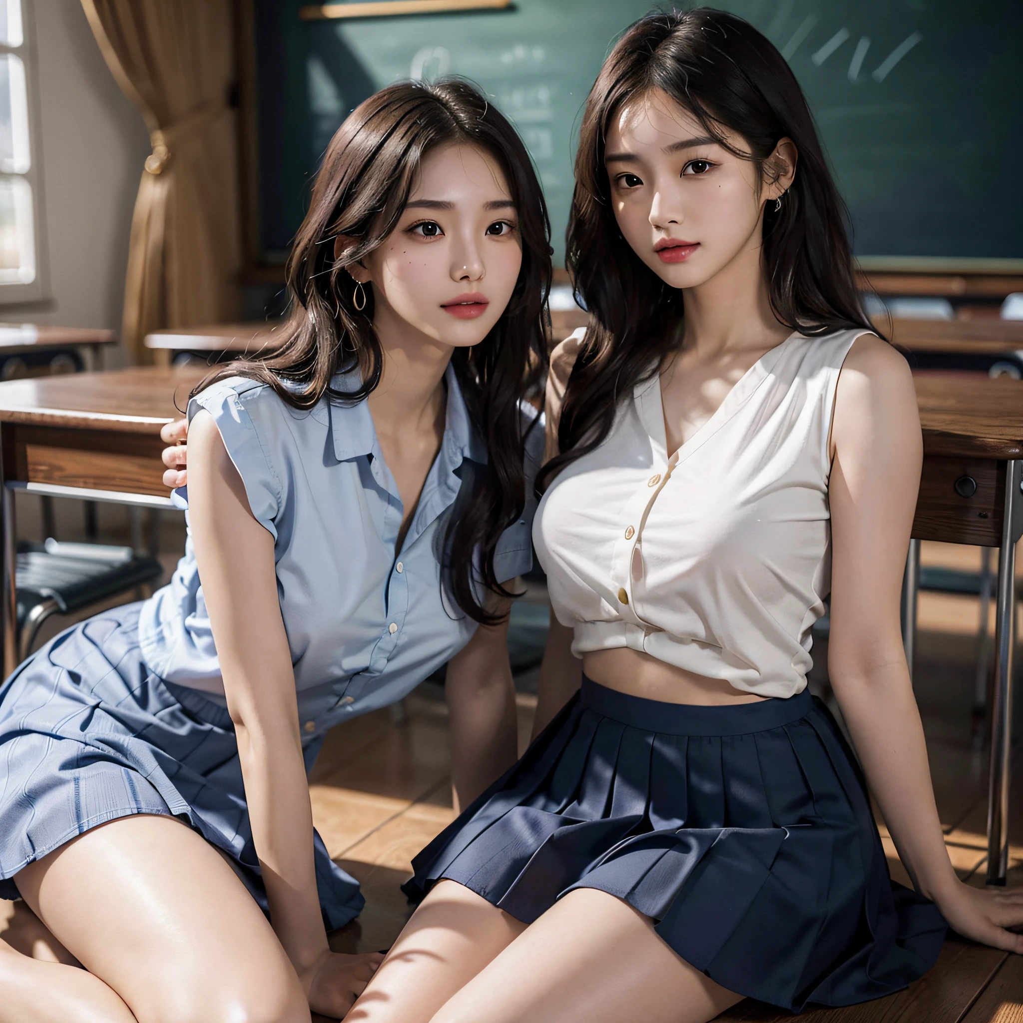 absurdres, RAW photo, extremely delicate and beautiful, masterpiece, Best Quality, ultra high resolution, 16k, hyperrealistic, ultra-detailed, Very detailed CG 8k wallpaper, Beautiful Lighting, Perfect Lightning, Realistic Shadows, perfect anatomy, super Detailed skin, perfect figure, Japanese woman, late 20s, very Slim body, narrow waist, very small head, handsome detailed woman, very detailed eyes and face, realistic face proportions, Stunning detailed eyes, Realistic beautiful face, very small face, Realistic small beautiful eyes, double eyelids, makeup, tearful mole, mole on chest, earring, bare legs, beautiful and very thin legs, beautiful and very thin thighs, (((very huge round breasts))), ((full body shot)), ((short hair)), wavy hair, (((school uniform, dress shirt))), (midriff peek), (sleeveless), ((yuri)), ((group of girls)), (hug),