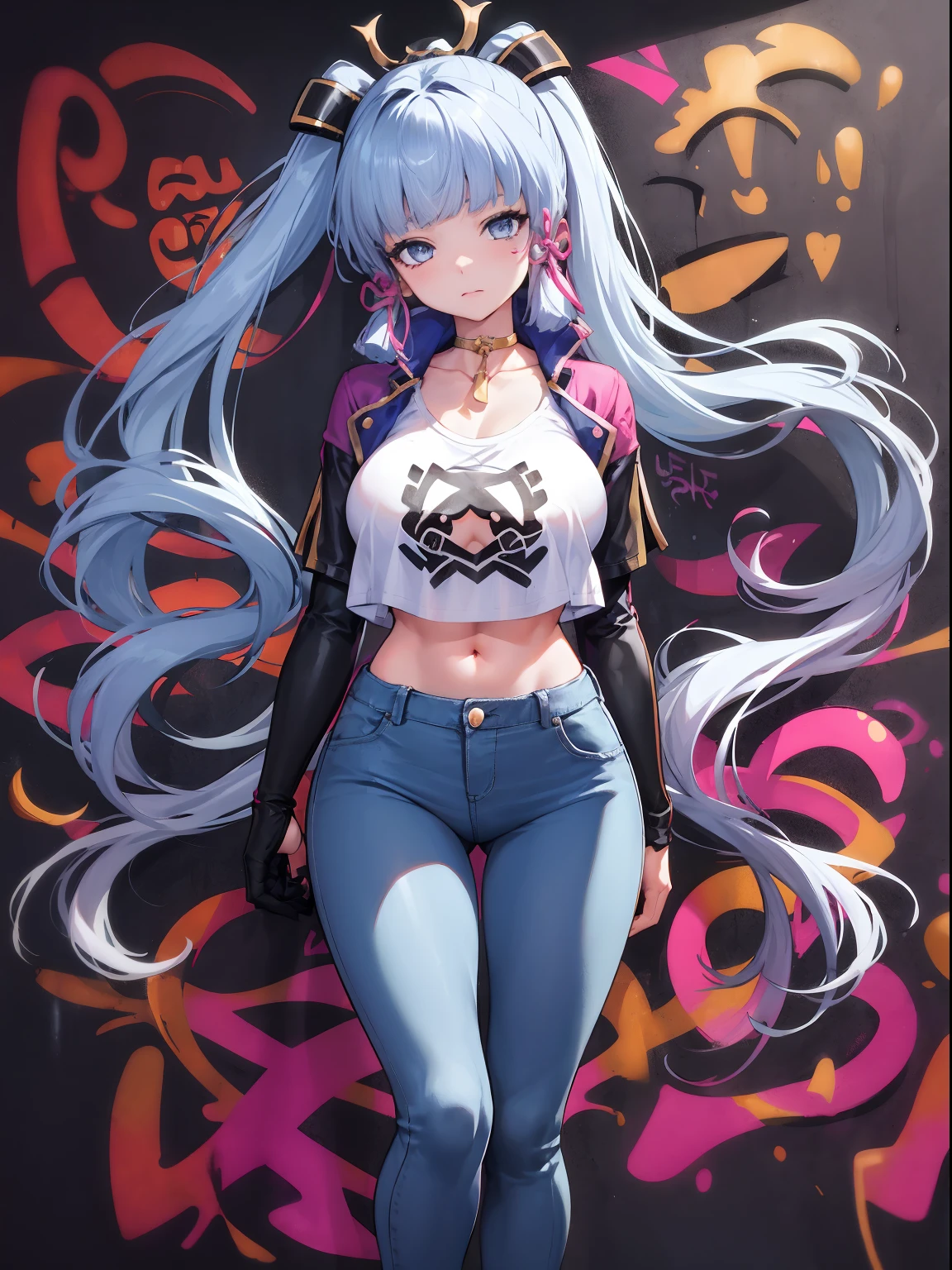 kamisato ayaka|genshin impact, master-piece, bestquality, 1girls,25 years old, proportional body, elongated legs, Beautiful, proportional., crop top, Long Jeans, gigantic breasts, ,bara, crop top, choker, (Graffiti:1.5), Splash with purple lightning pattern., arm behind back, against wall, View viewers from the front., Thigh strap, Head tilt, bored,