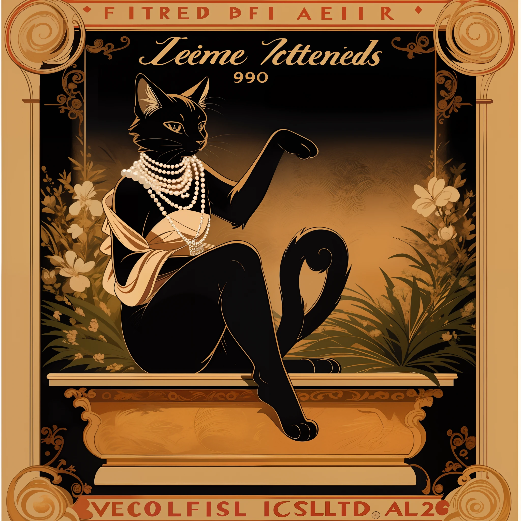 vector art, arafed black cat sitting on a pedestal with a pearl necklace, elegant cat, 1920s advert, 1960s advertisement, luxury advertisement, magazine advertisement, 1960s perfume bottle ads,
